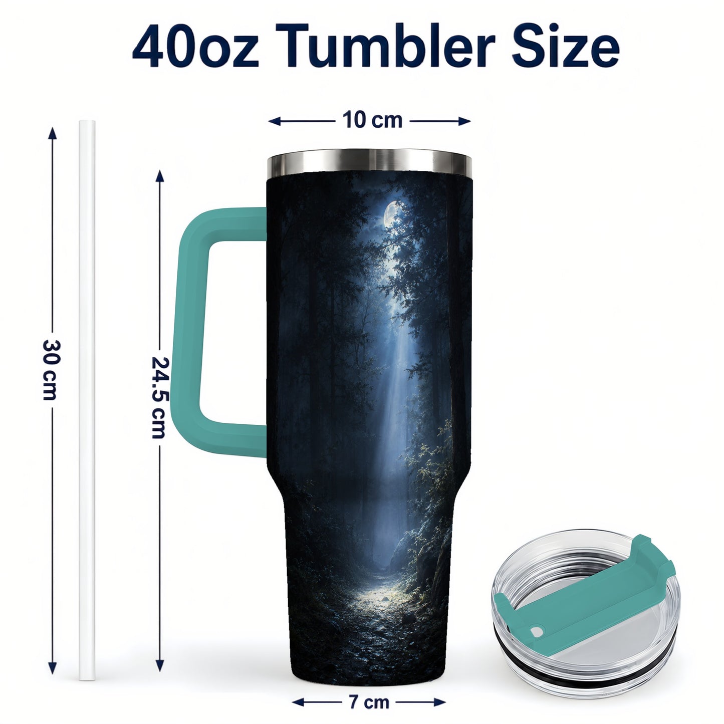 #pl[40oz|Green] Moonlit Forest 40oz Tumbler with Handle, Woodland Night Art