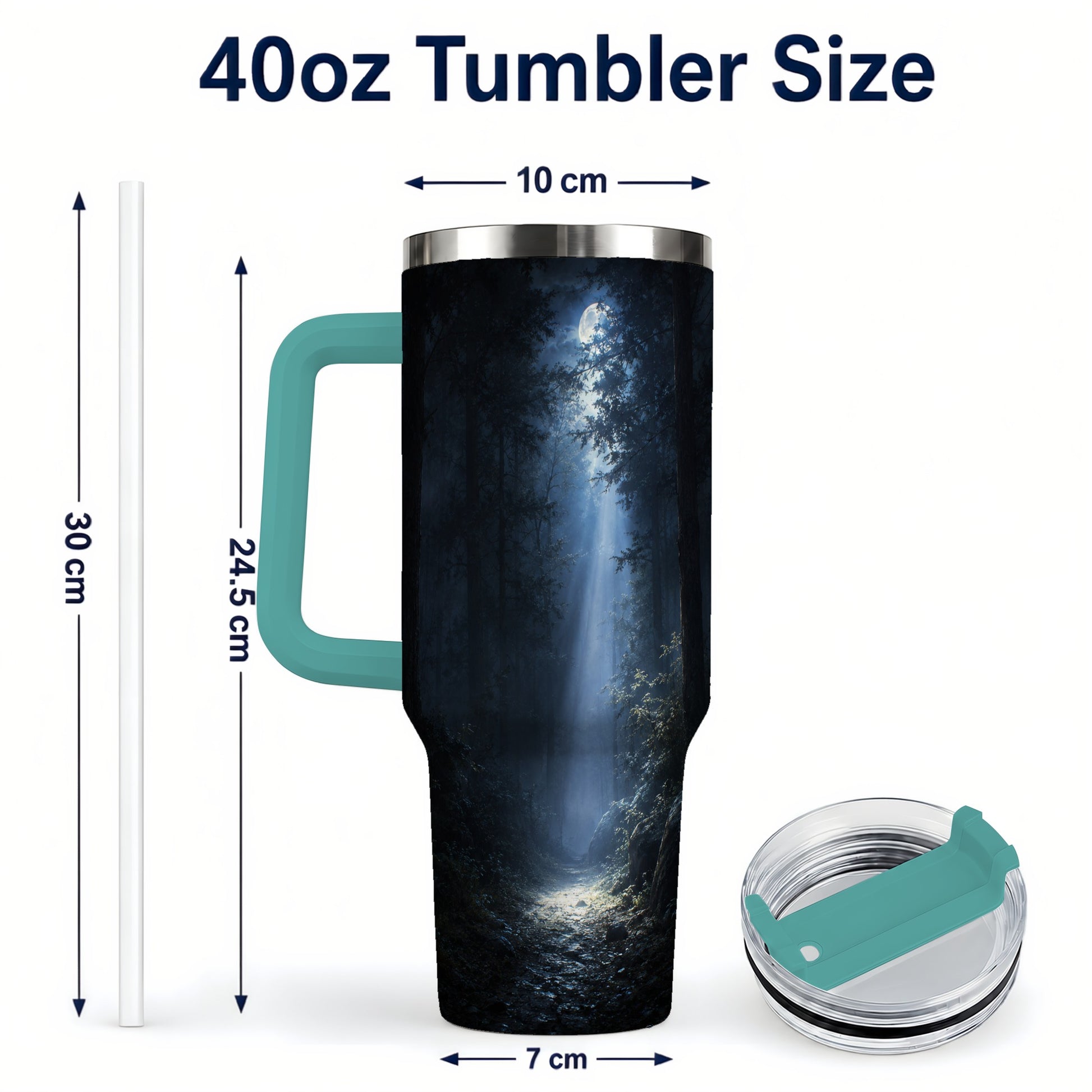 #pl[40oz|Green] Moonlit Forest 40oz Tumbler with Handle, Woodland Night Art