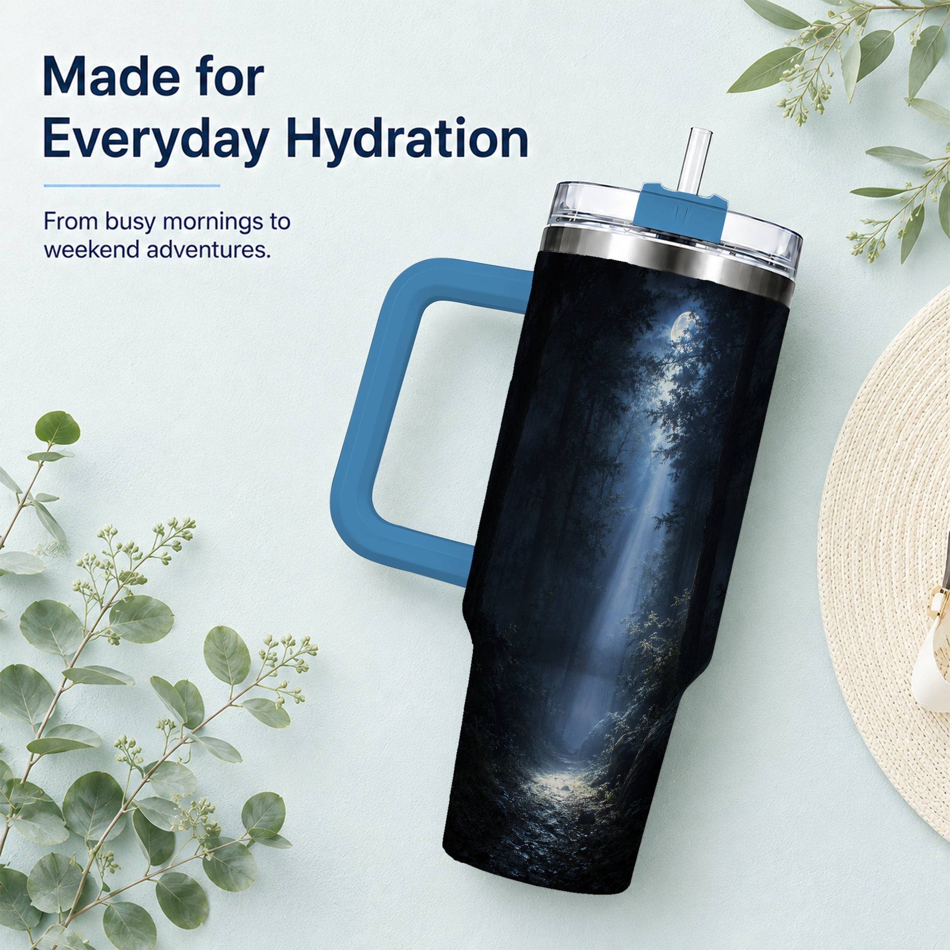 #pl[40oz|Blue] Moonlit Forest 40oz Tumbler with Handle, Woodland Night Art