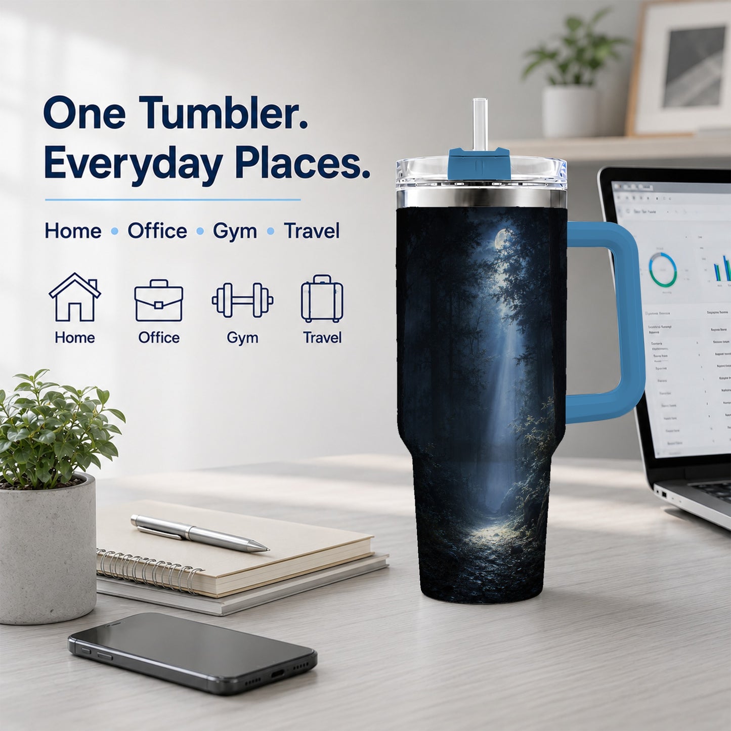 #pl[40oz|Blue] Moonlit Forest 40oz Tumbler with Handle, Woodland Night Art