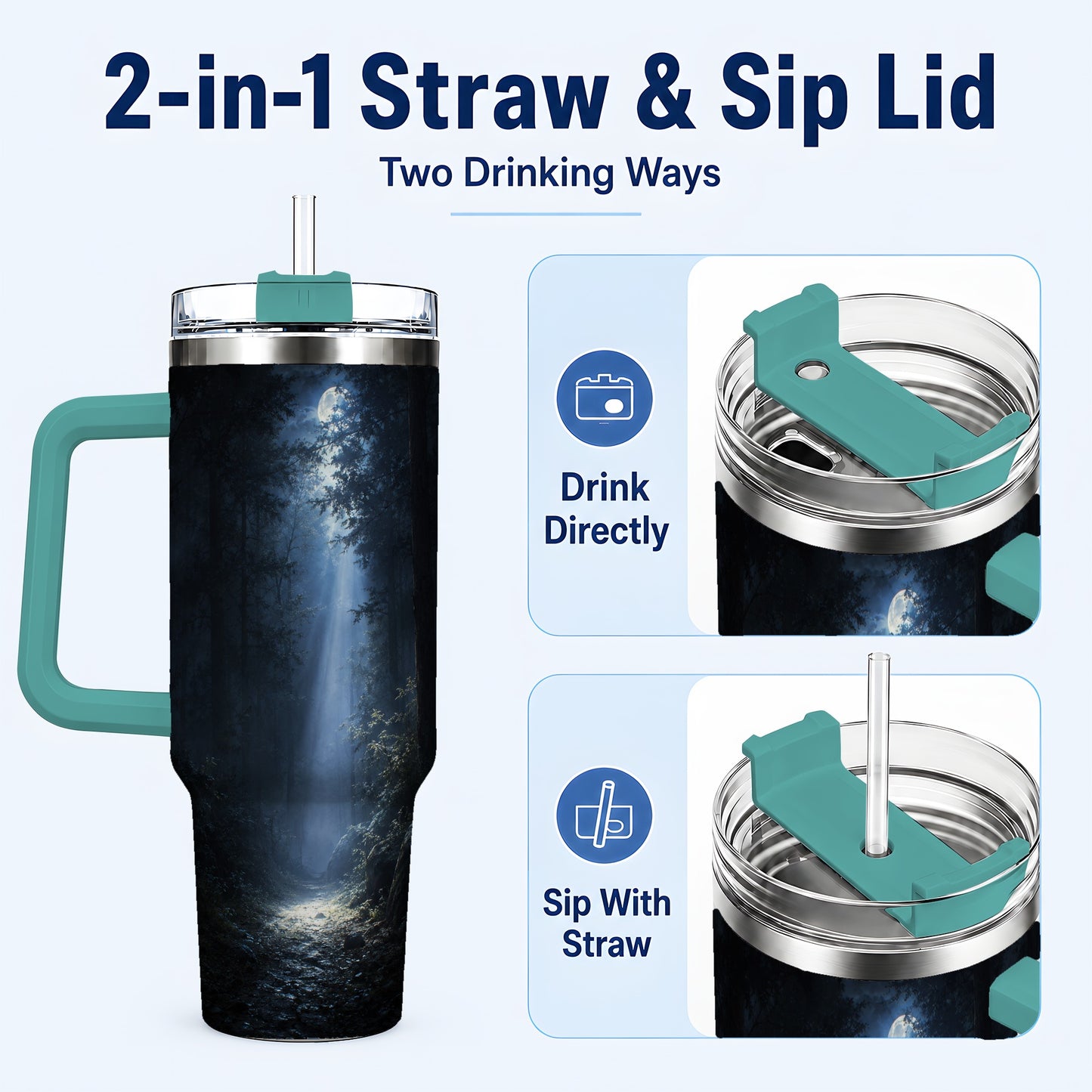 #pl[40oz|Green] Moonlit Forest 40oz Tumbler with Handle, Woodland Night Art