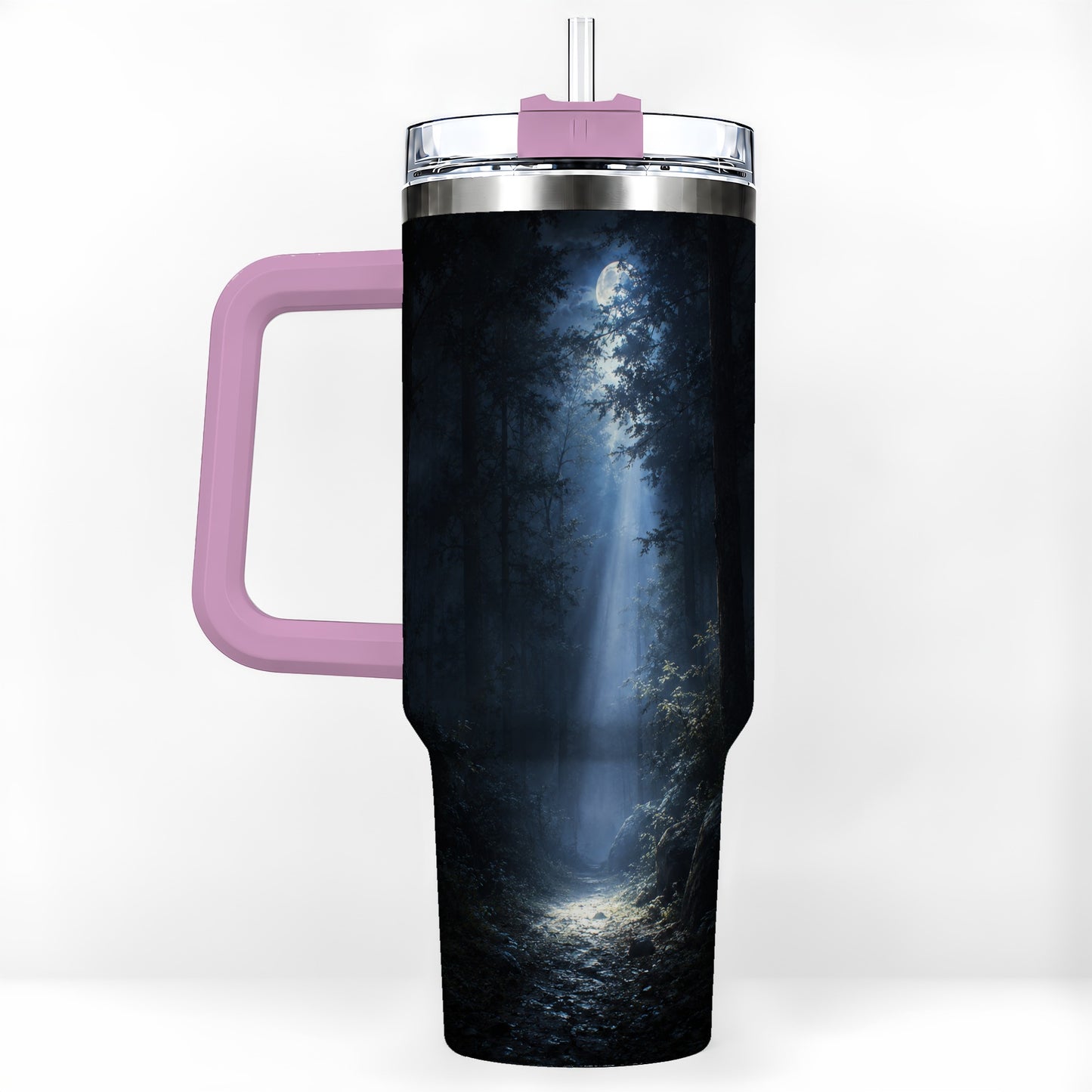 #pl[40oz|Pink] Moonlit Forest 40oz Tumbler with Handle, Woodland Night Art