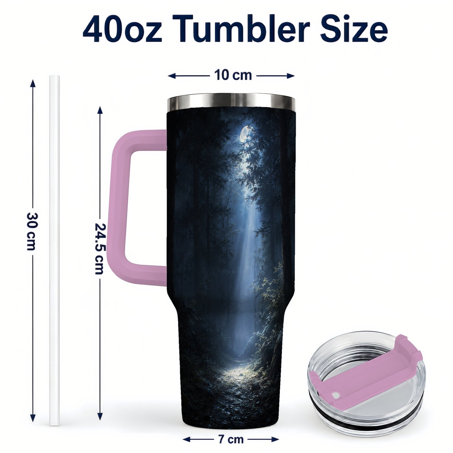 #pl[40oz|Pink] Moonlit Forest 40oz Tumbler with Handle, Woodland Night Art