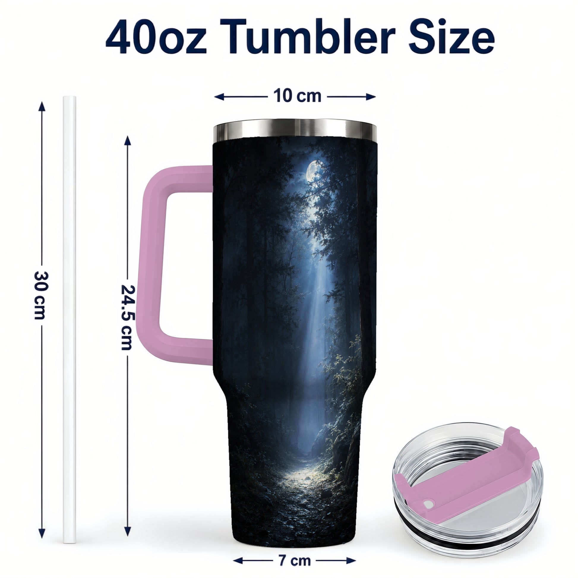 #pl[40oz|Pink] Moonlit Forest 40oz Tumbler with Handle, Woodland Night Art