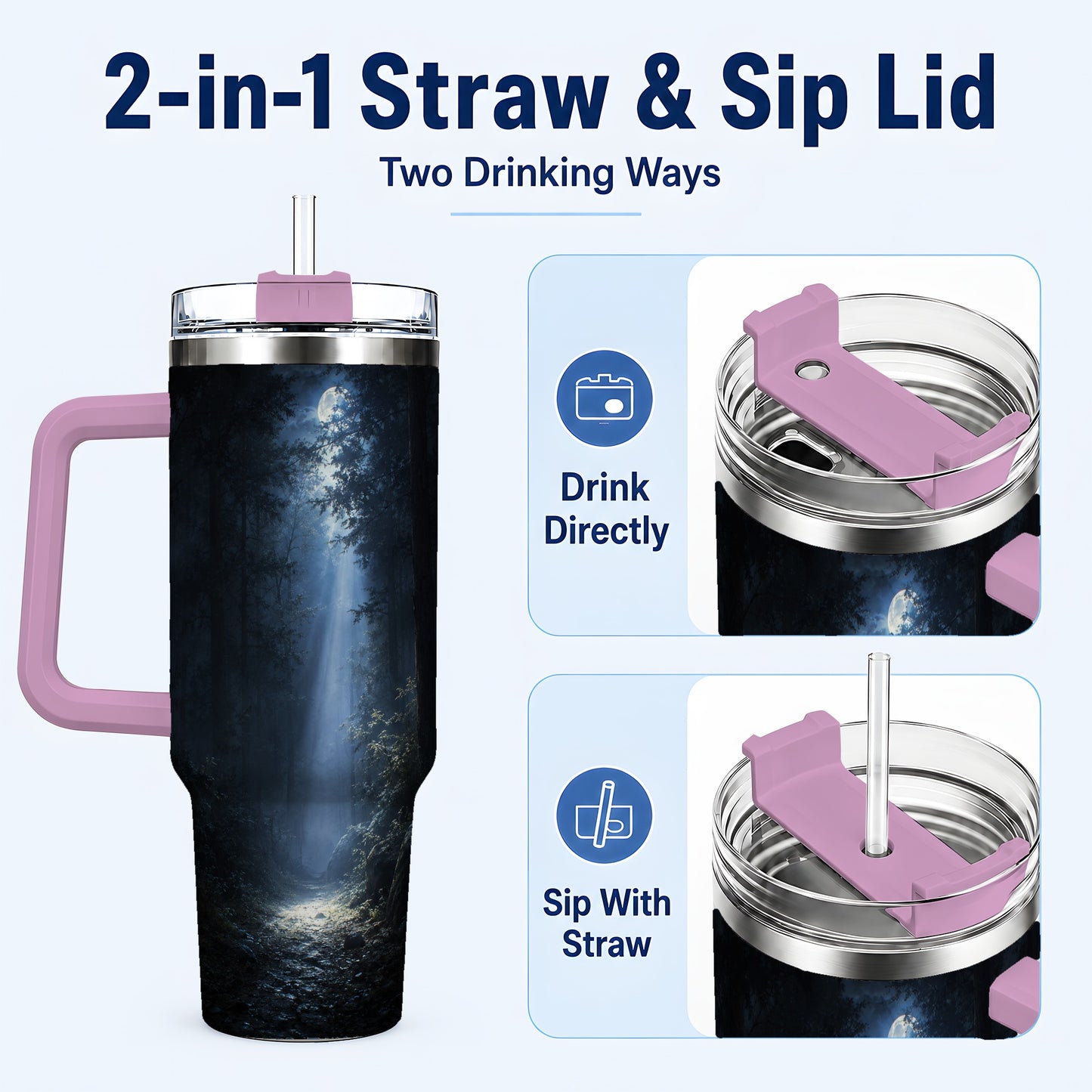 #pl[40oz|Pink] Moonlit Forest 40oz Tumbler with Handle, Woodland Night Art