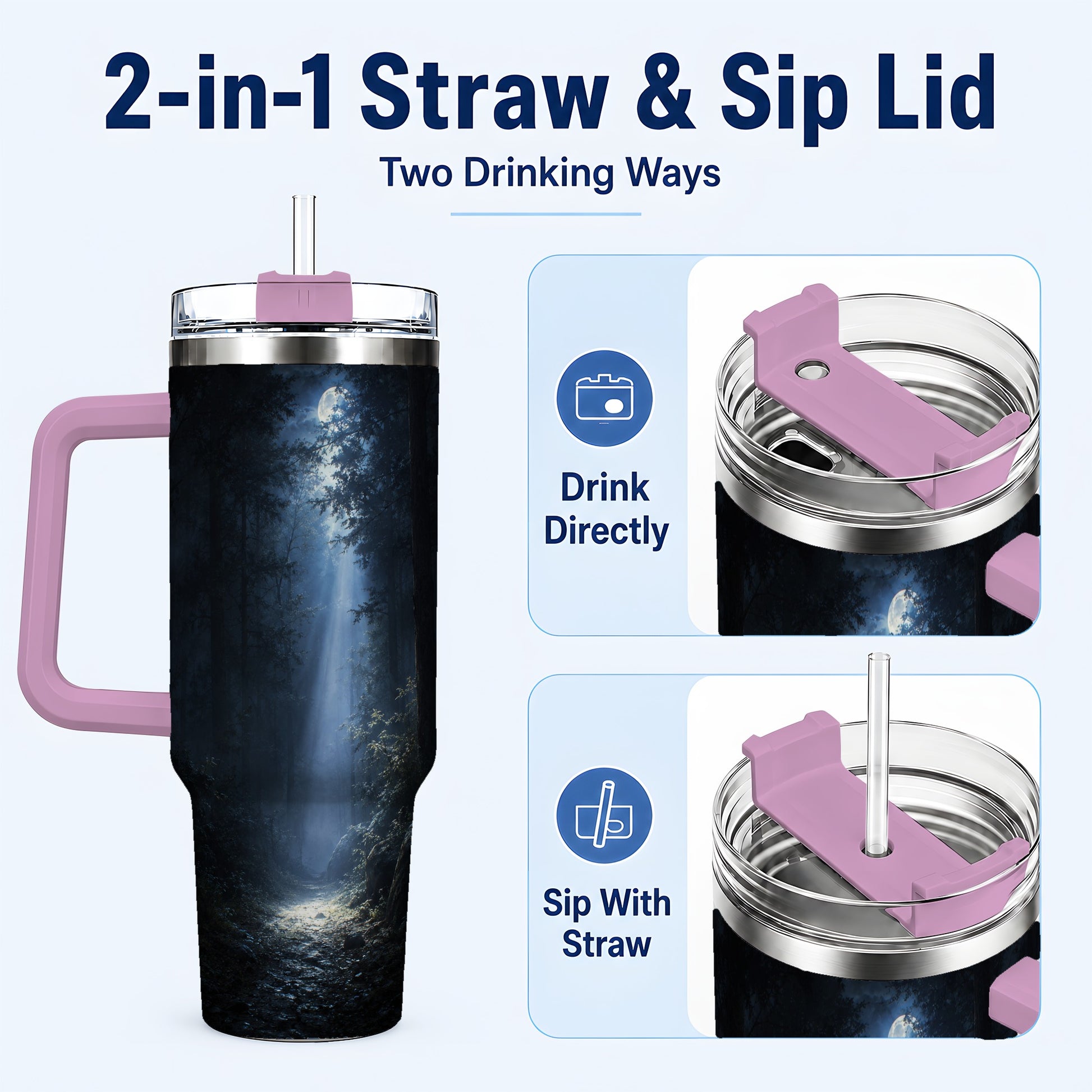 #pl[40oz|Pink] Moonlit Forest 40oz Tumbler with Handle, Woodland Night Art
