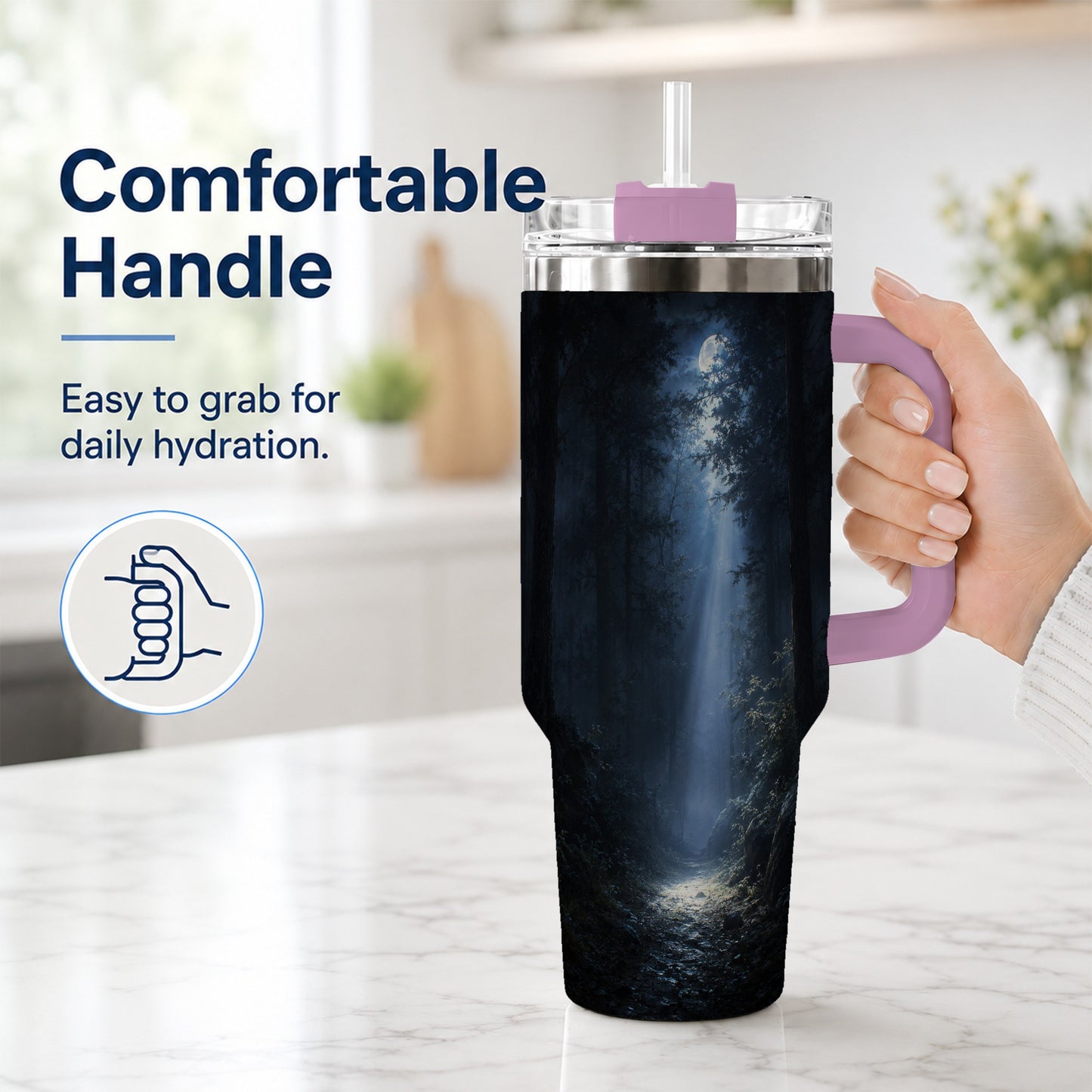#pl[40oz|Pink] Moonlit Forest 40oz Tumbler with Handle, Woodland Night Art