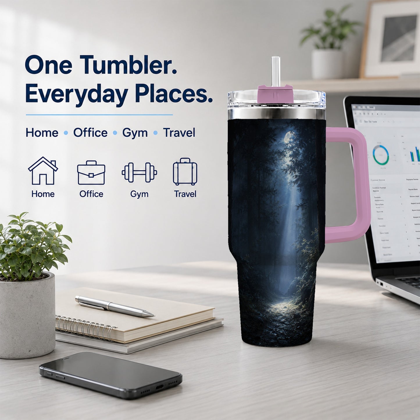 #pl[40oz|Pink] Moonlit Forest 40oz Tumbler with Handle, Woodland Night Art