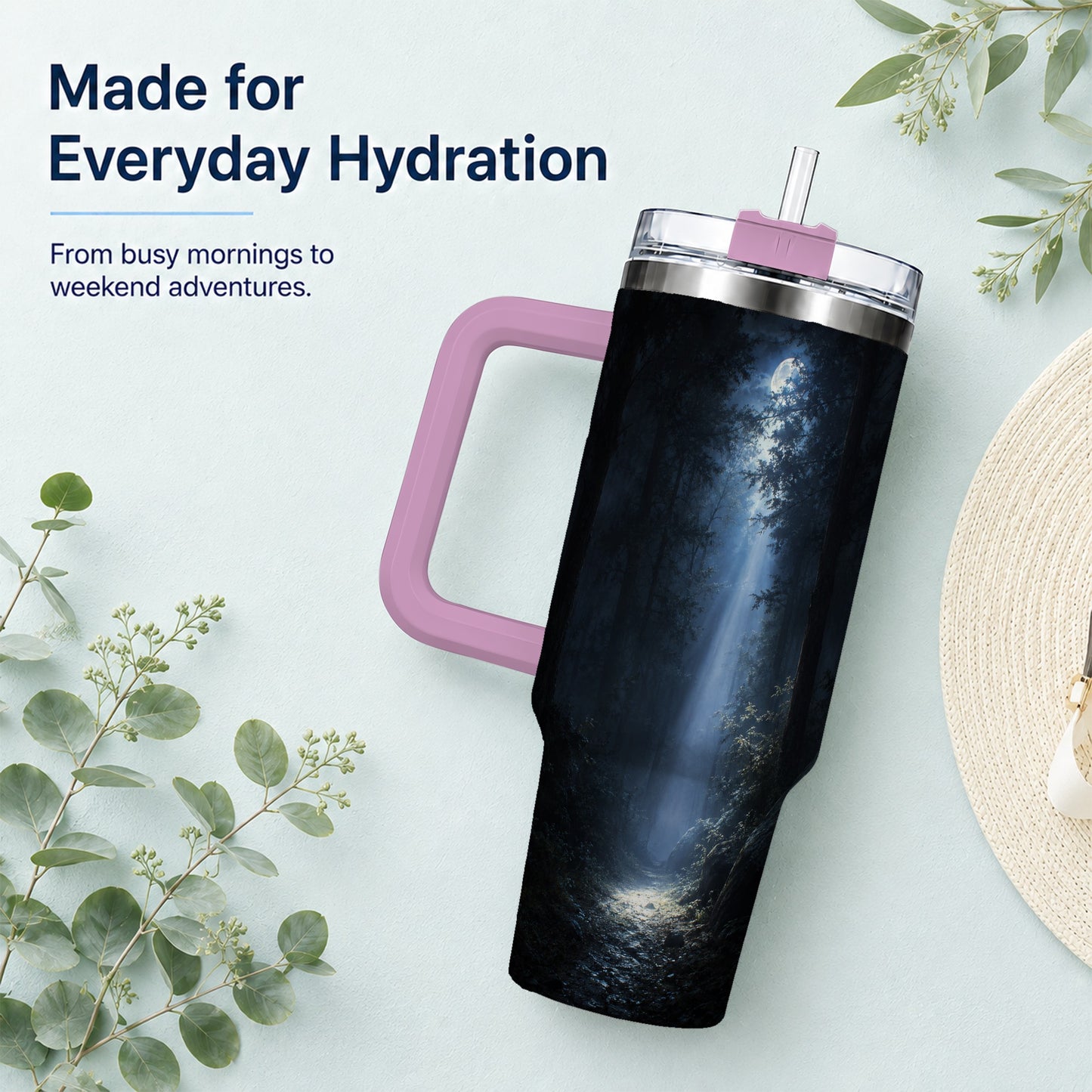 #pl[40oz|Pink] Moonlit Forest 40oz Tumbler with Handle, Woodland Night Art