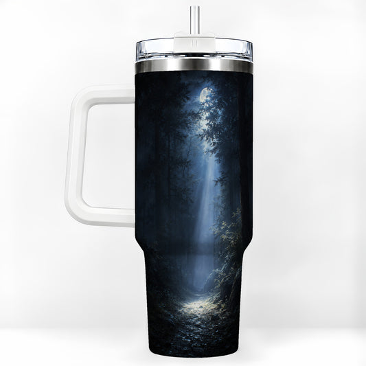 Moonlit Forest 40oz Tumbler with Handle, Woodland Night Art