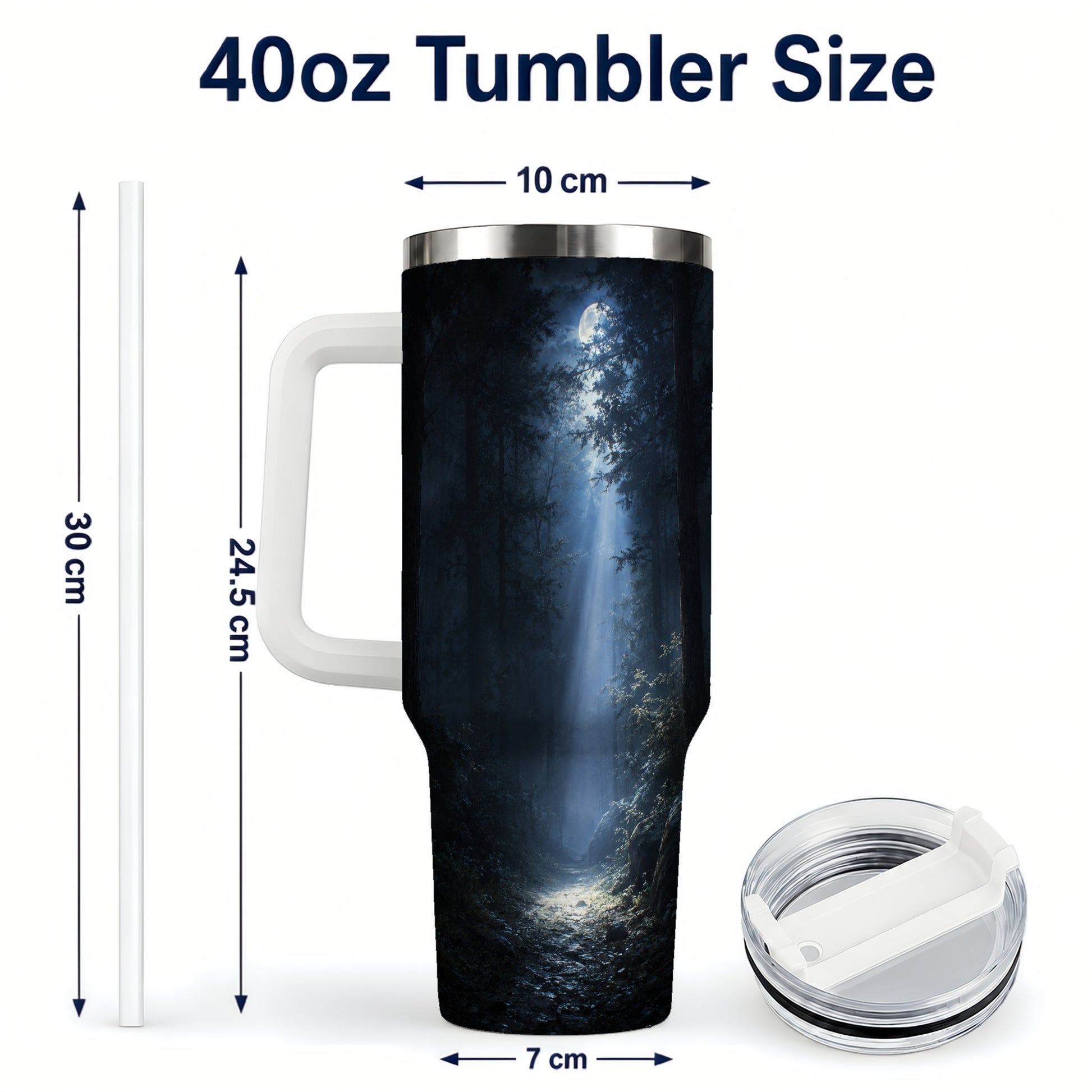 #pl[40oz|White] Moonlit Forest 40oz Tumbler with Handle, Woodland Night Art