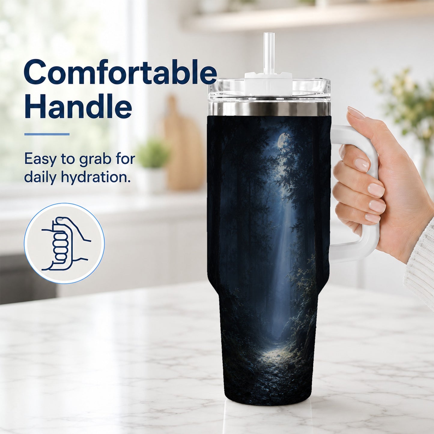 #pl[40oz|White] Moonlit Forest 40oz Tumbler with Handle, Woodland Night Art