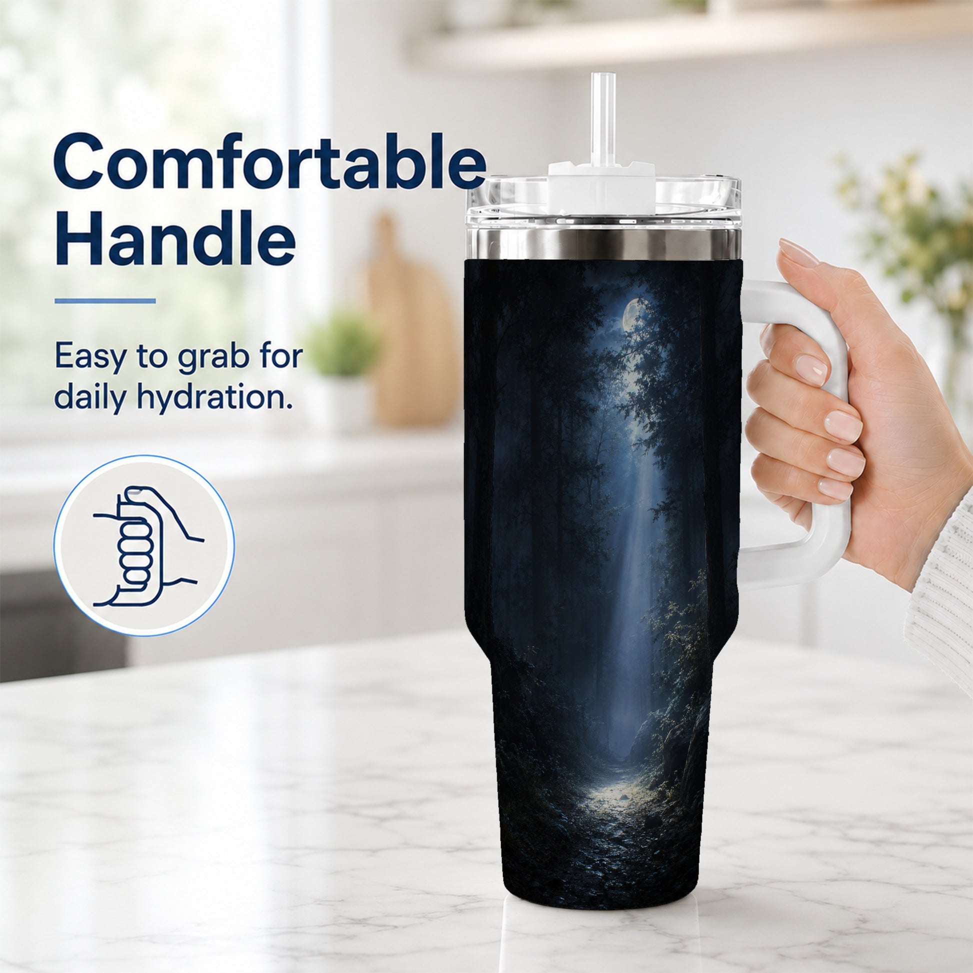 #pl[40oz|White] Moonlit Forest 40oz Tumbler with Handle, Woodland Night Art