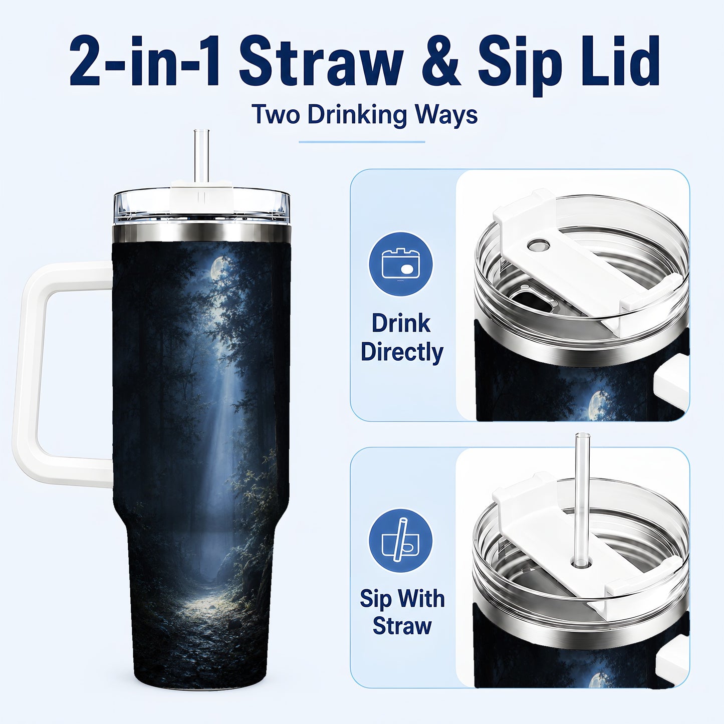 #pl[40oz|White] Moonlit Forest 40oz Tumbler with Handle, Woodland Night Art