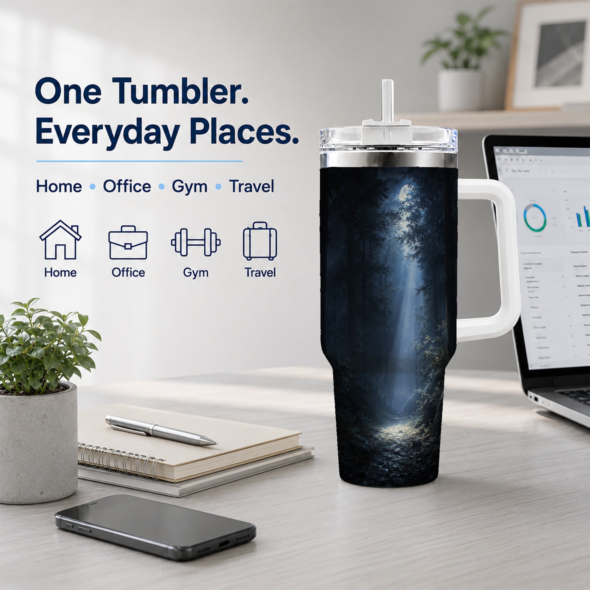 #pl[40oz|White] Moonlit Forest 40oz Tumbler with Handle, Woodland Night Art