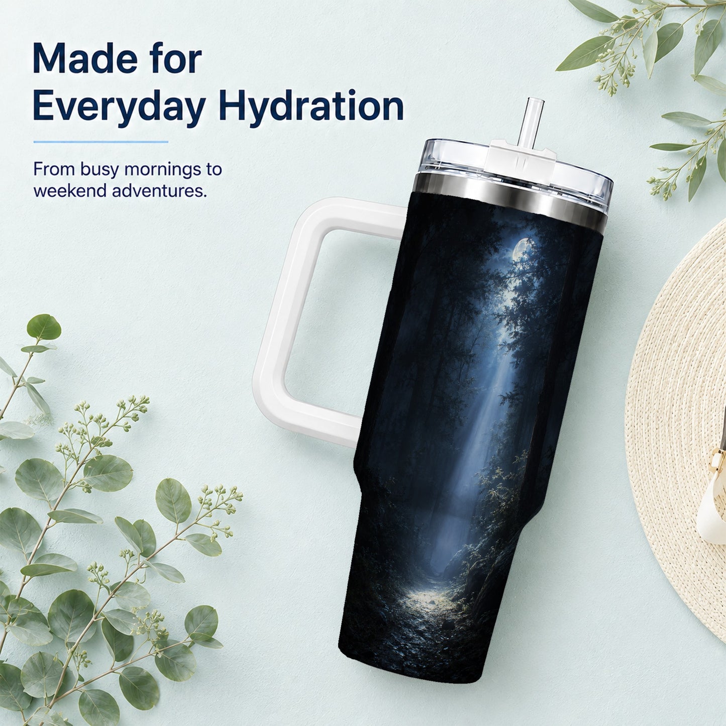 #pl[40oz|White] Moonlit Forest 40oz Tumbler with Handle, Woodland Night Art