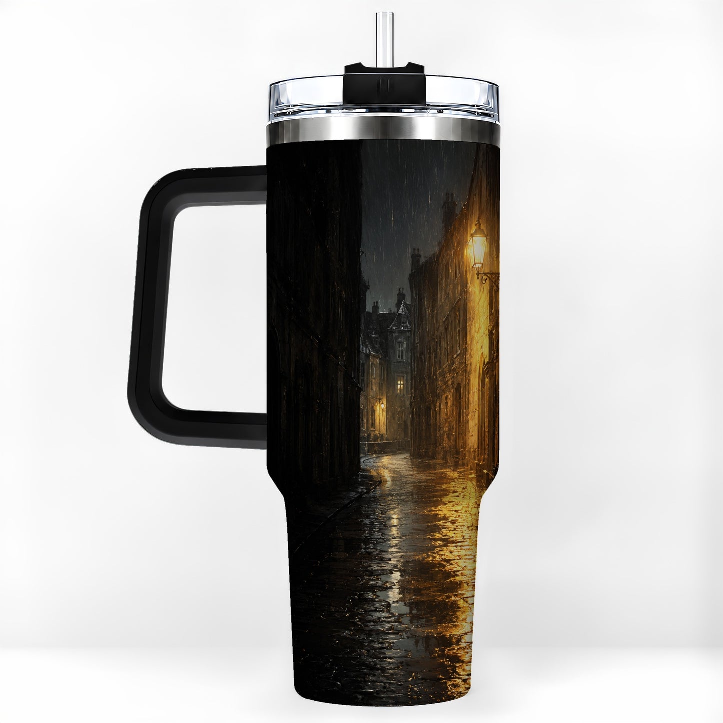 #pl[40oz|Black] Rainy Street 40oz Tumbler with Handle, Vintage Lamp Night Art