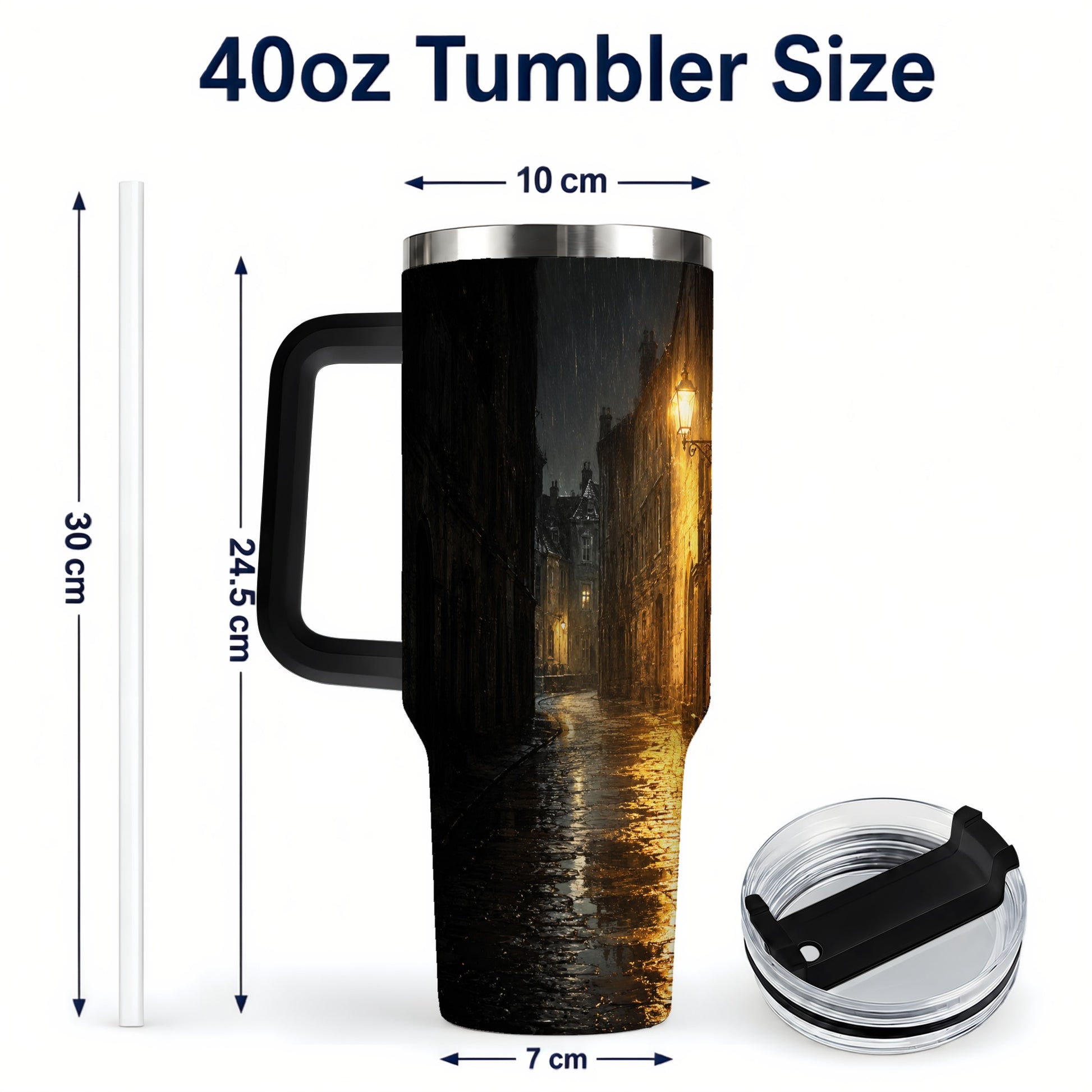 #pl[40oz|Black] Rainy Street 40oz Tumbler with Handle, Vintage Lamp Night Art
