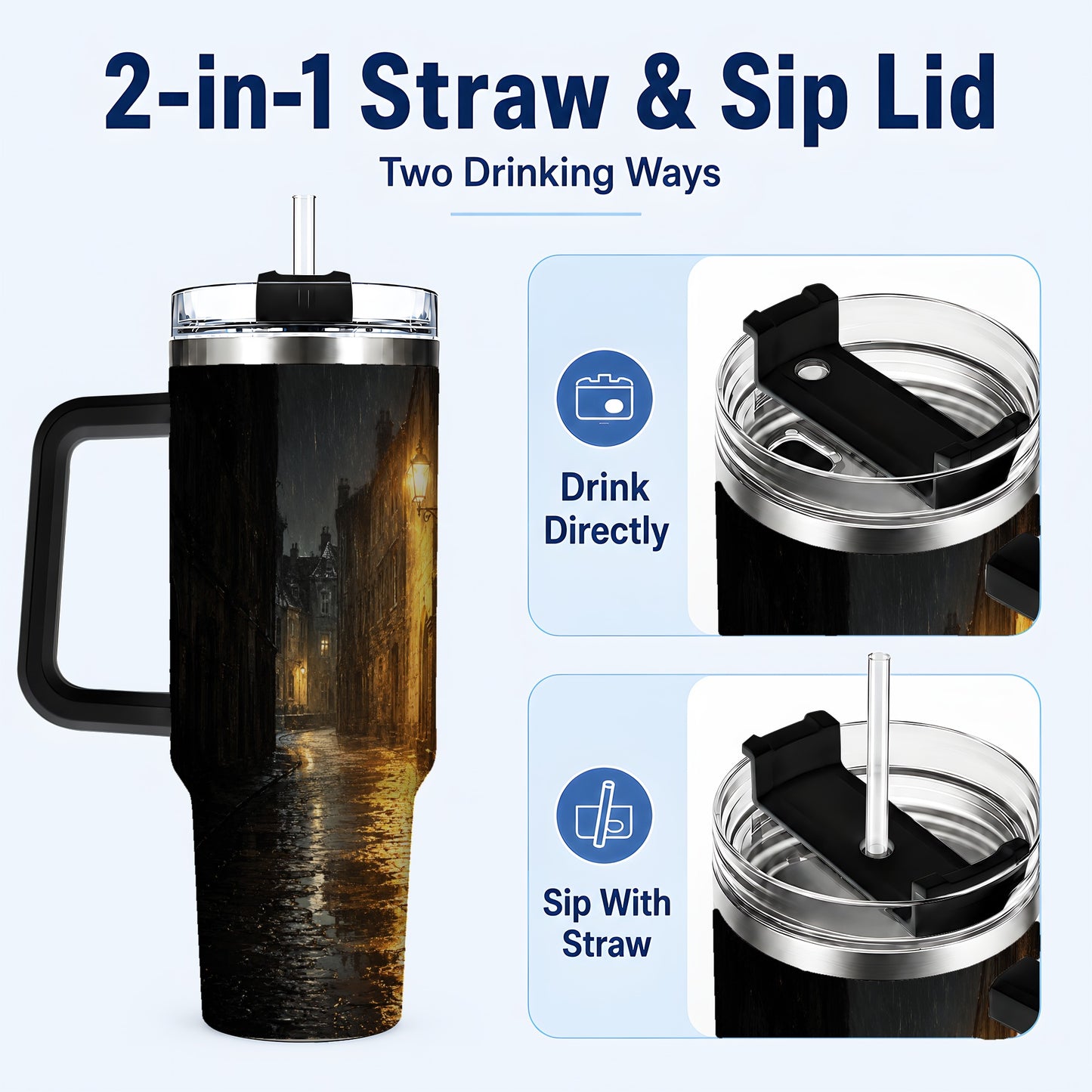 #pl[40oz|Black] Rainy Street 40oz Tumbler with Handle, Vintage Lamp Night Art