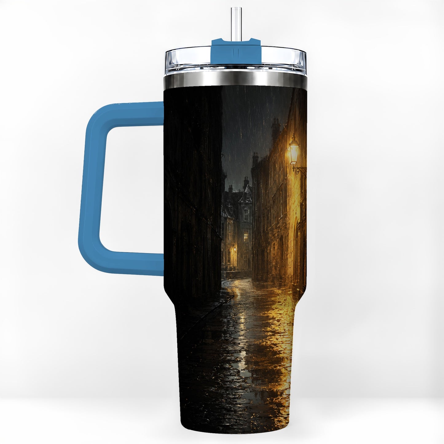 #pl[40oz|Blue] Rainy Street 40oz Tumbler with Handle, Vintage Lamp Night Art