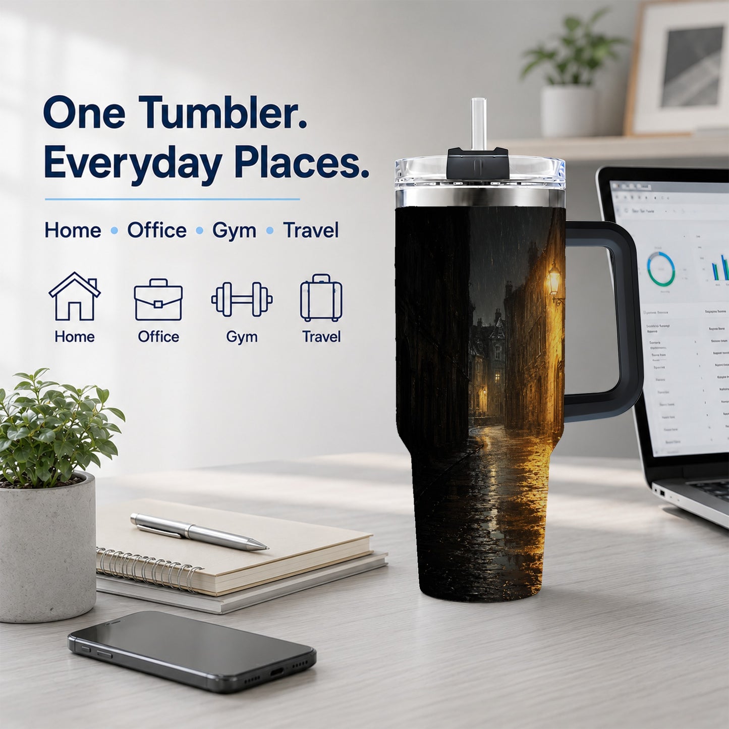 #pl[40oz|Black] Rainy Street 40oz Tumbler with Handle, Vintage Lamp Night Art