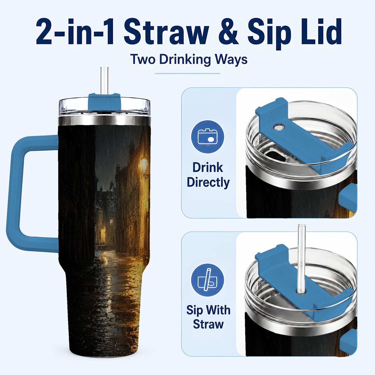 #pl[40oz|Blue] Rainy Street 40oz Tumbler with Handle, Vintage Lamp Night Art