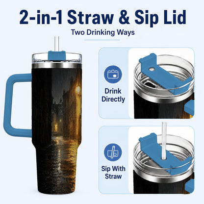 #pl[40oz|Blue] Rainy Street 40oz Tumbler with Handle, Vintage Lamp Night Art