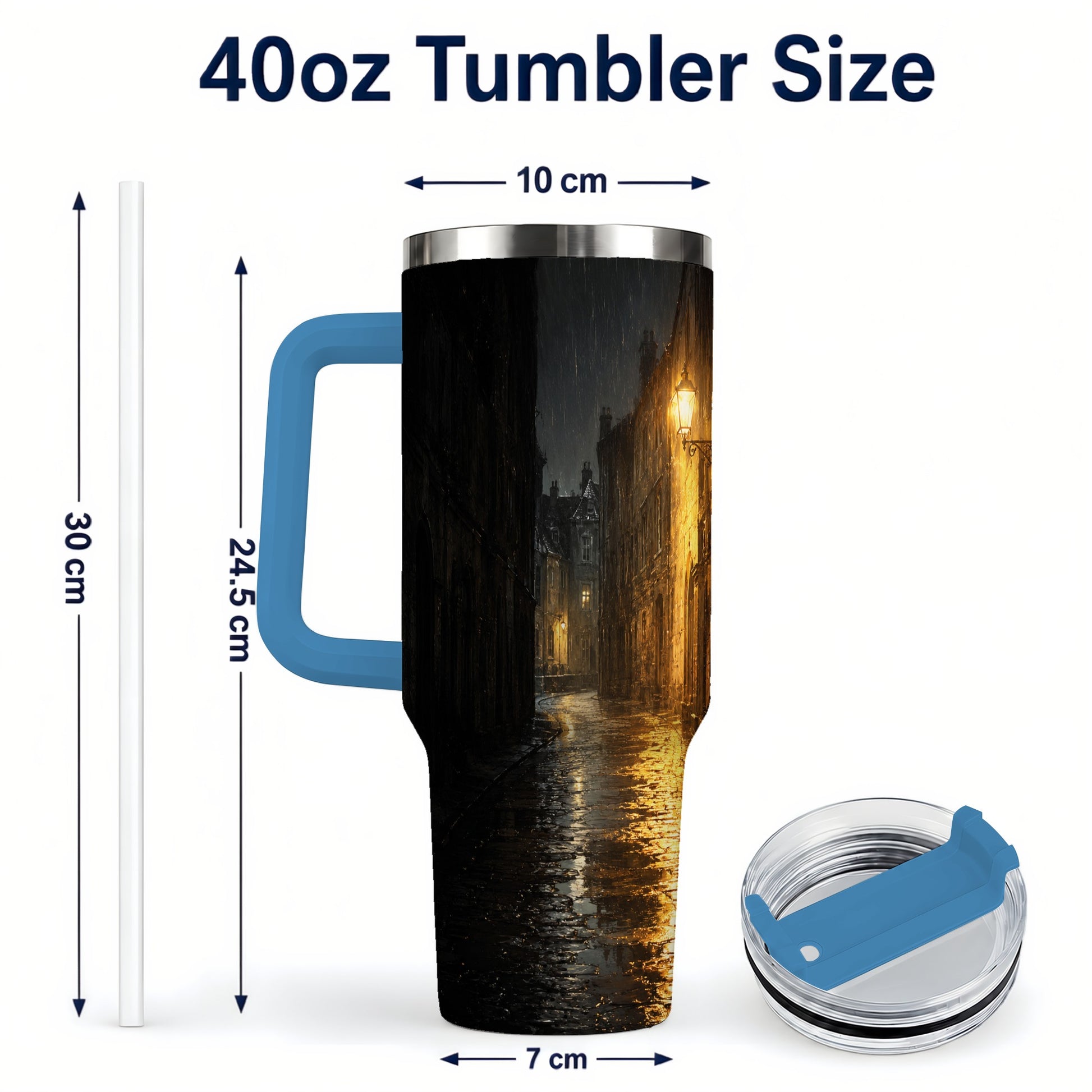 #pl[40oz|Blue] Rainy Street 40oz Tumbler with Handle, Vintage Lamp Night Art