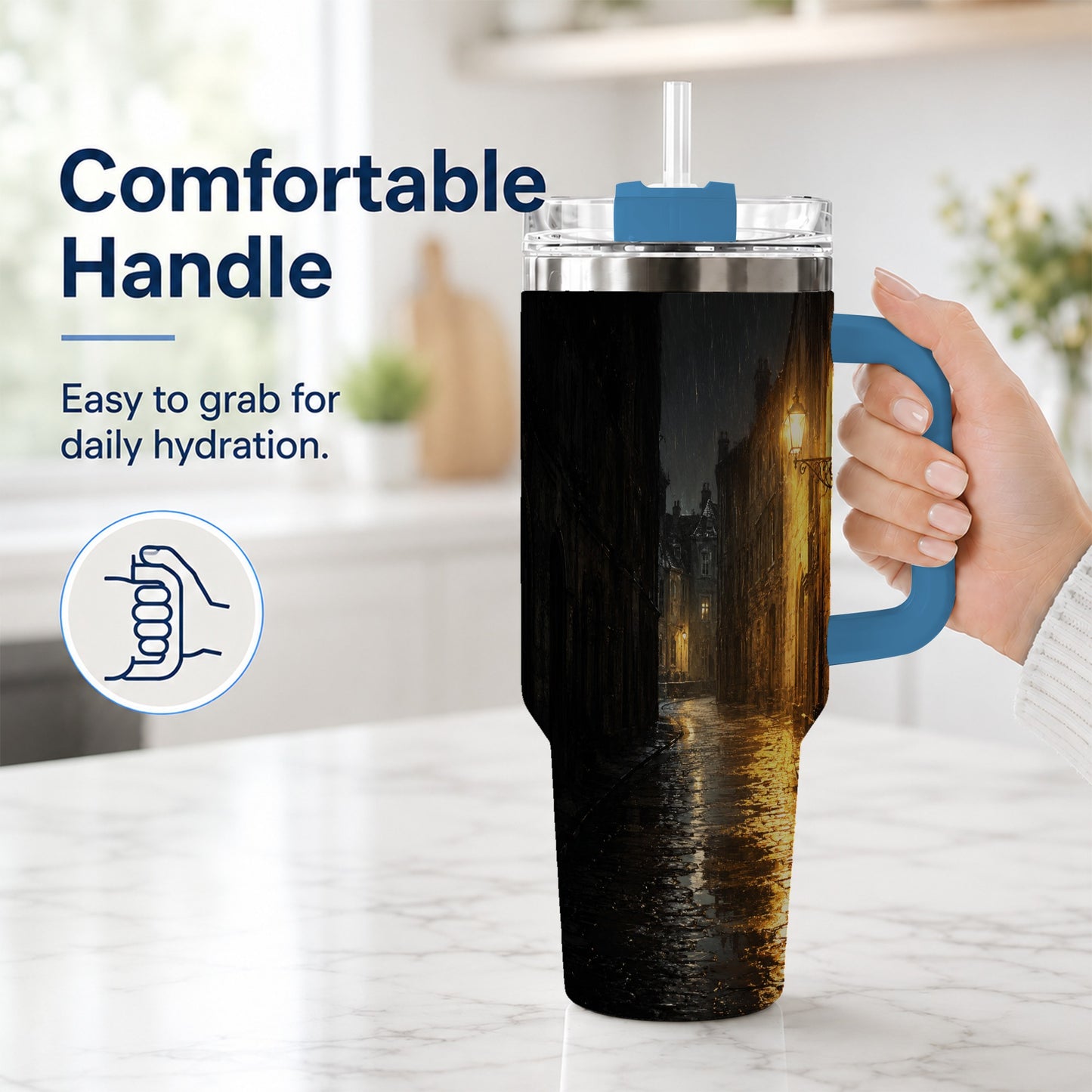 #pl[40oz|Blue] Rainy Street 40oz Tumbler with Handle, Vintage Lamp Night Art