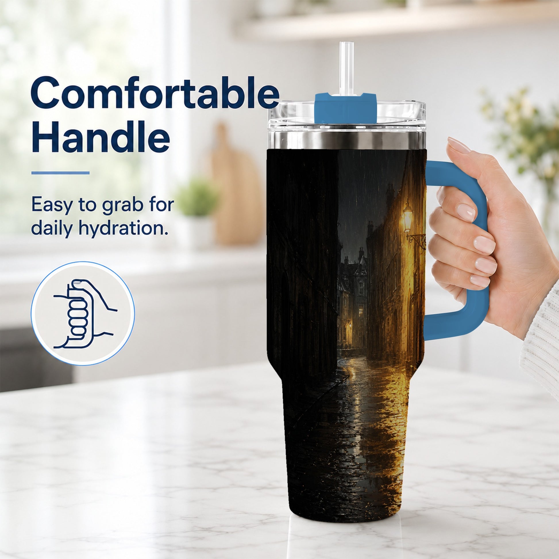 #pl[40oz|Blue] Rainy Street 40oz Tumbler with Handle, Vintage Lamp Night Art