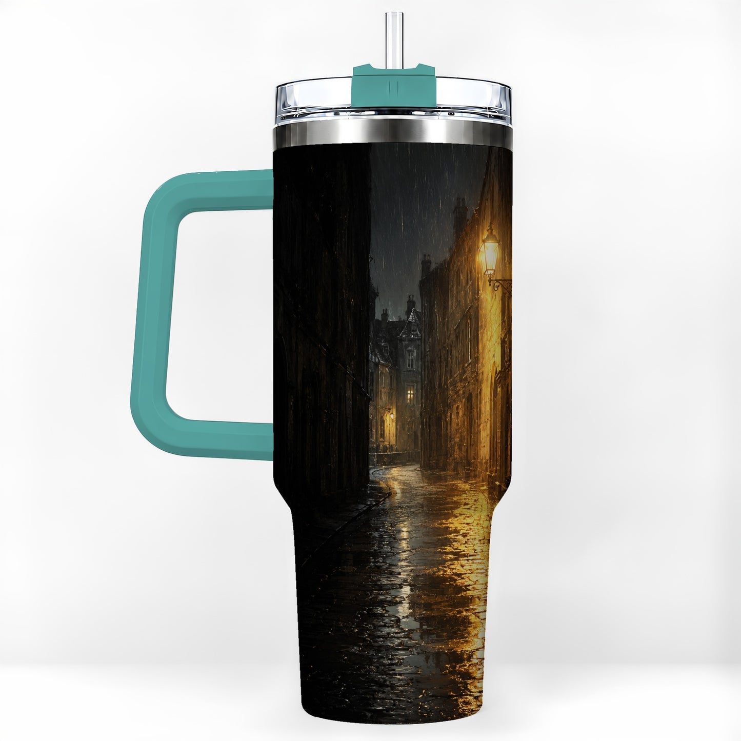 #pl[40oz|Green] Rainy Street 40oz Tumbler with Handle, Vintage Lamp Night Art