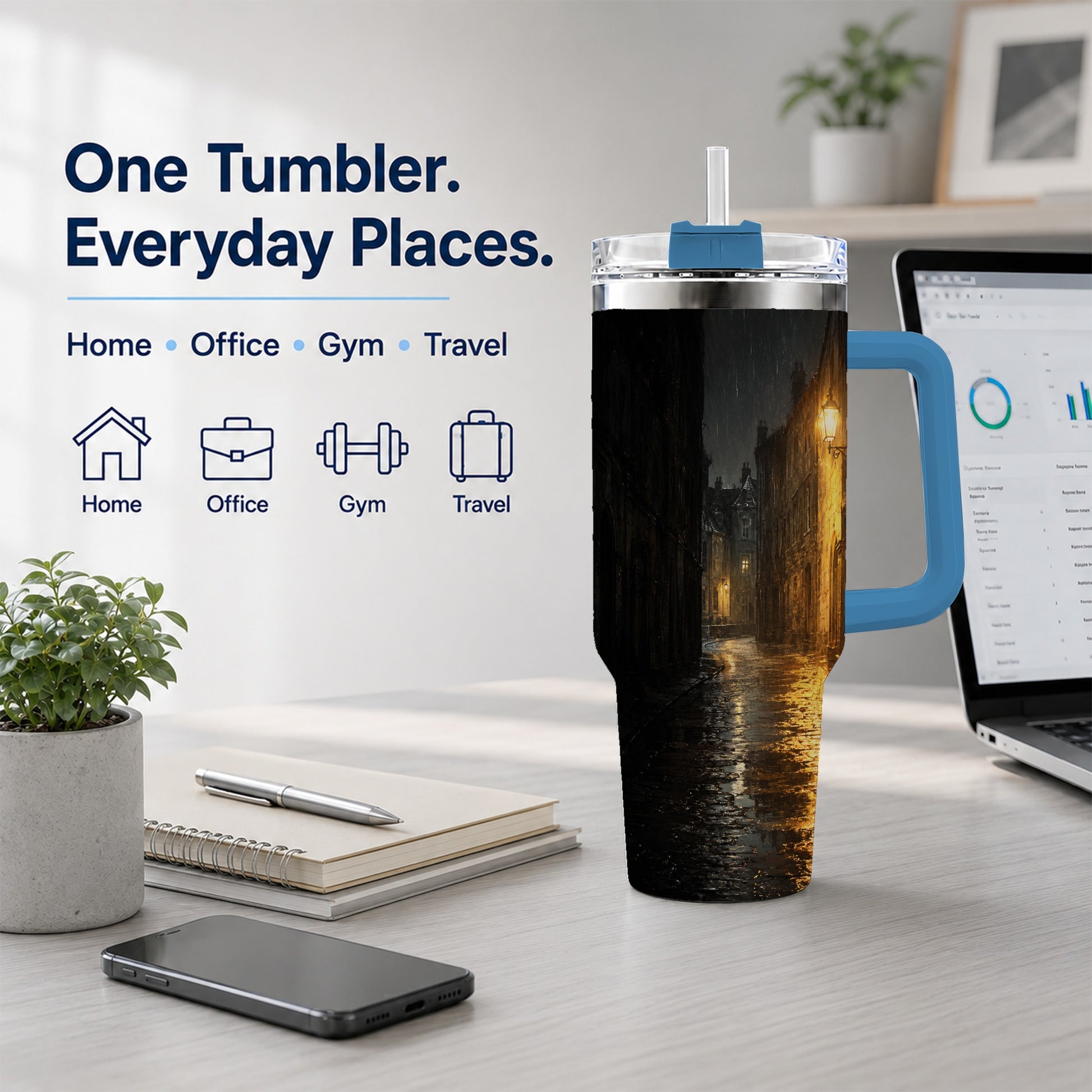 #pl[40oz|Blue] Rainy Street 40oz Tumbler with Handle, Vintage Lamp Night Art