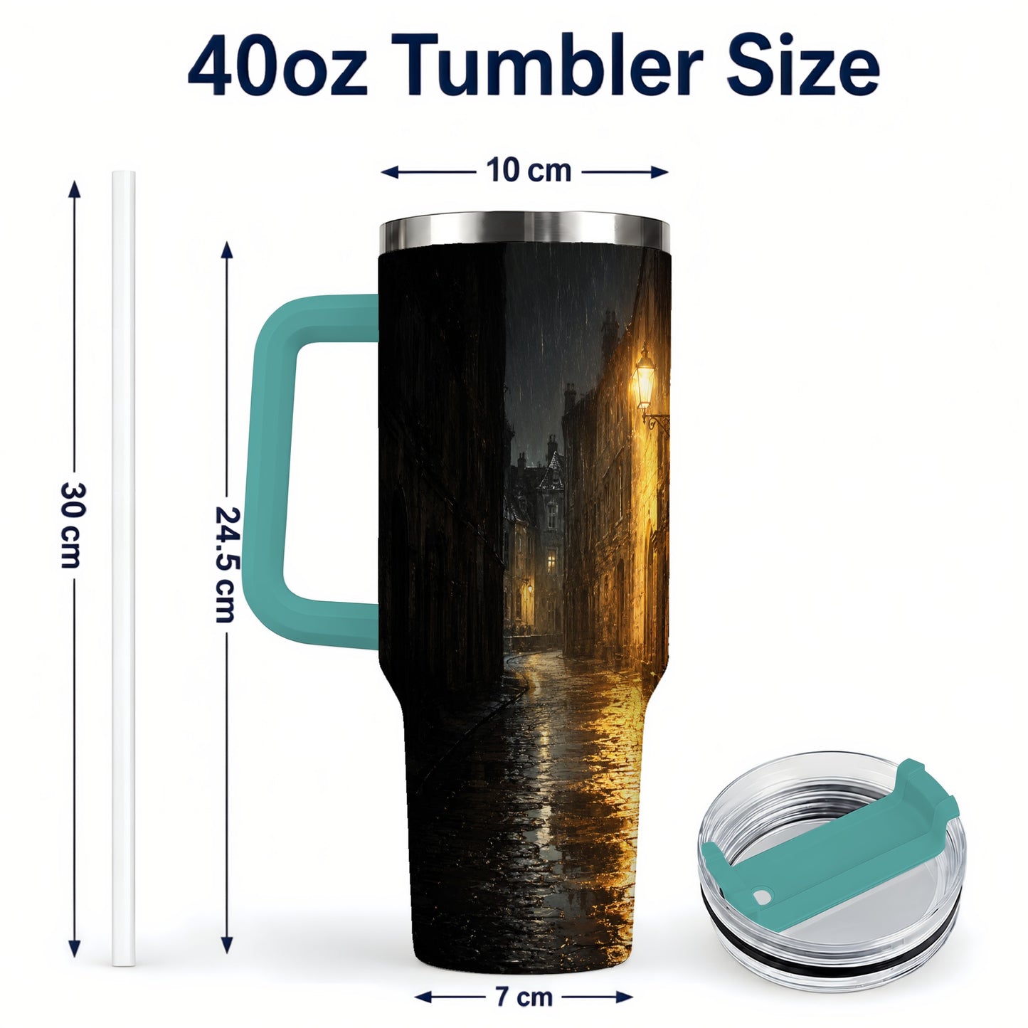 #pl[40oz|Green] Rainy Street 40oz Tumbler with Handle, Vintage Lamp Night Art