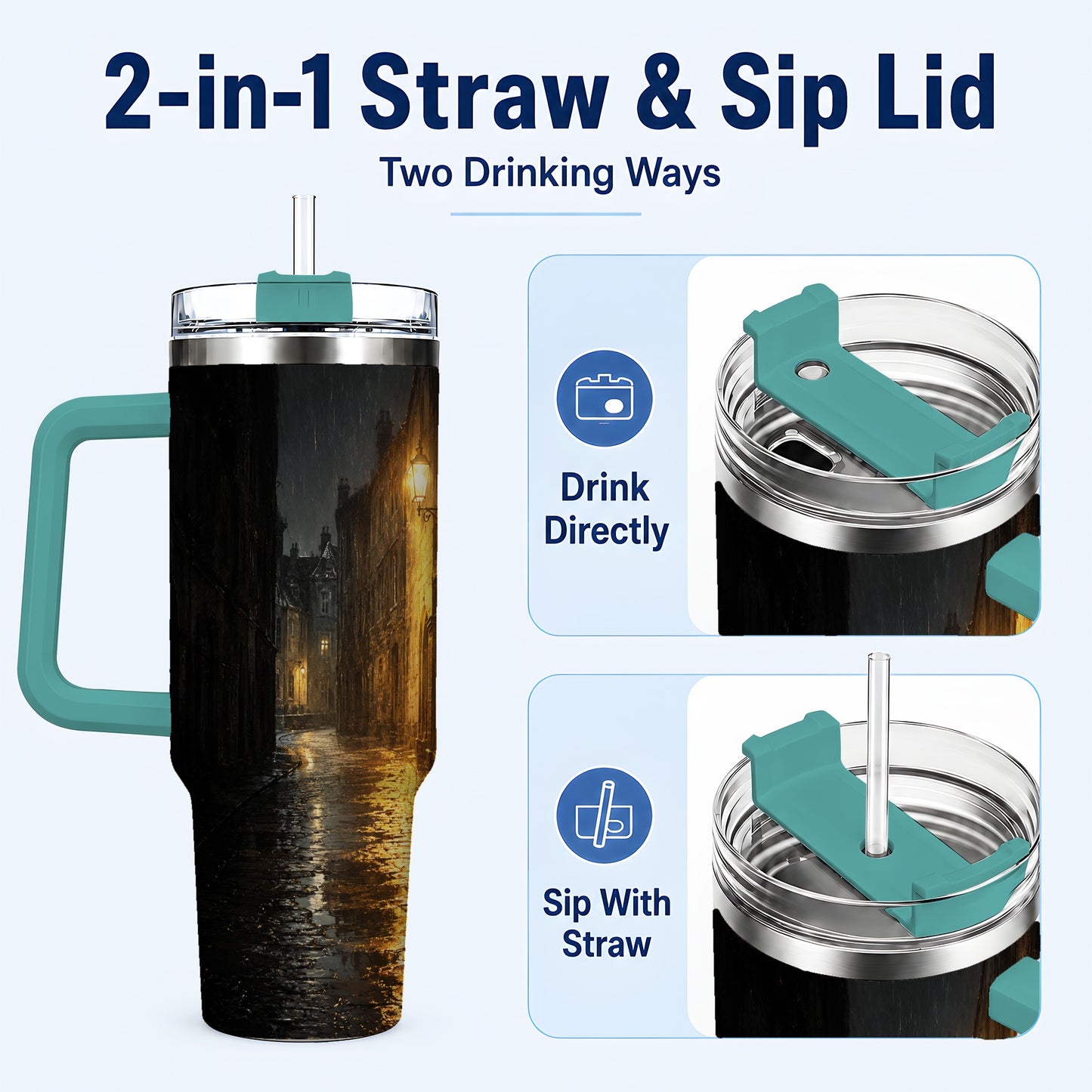 #pl[40oz|Green] Rainy Street 40oz Tumbler with Handle, Vintage Lamp Night Art