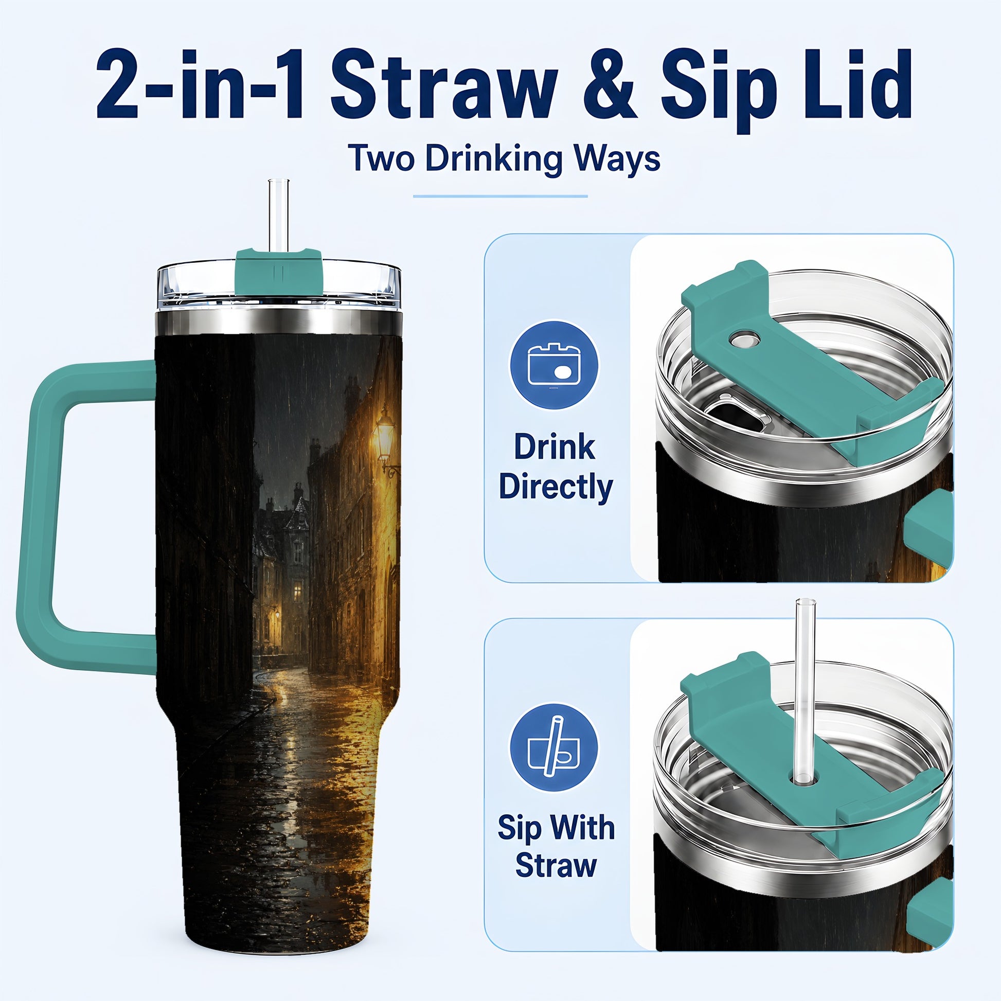 #pl[40oz|Green] Rainy Street 40oz Tumbler with Handle, Vintage Lamp Night Art