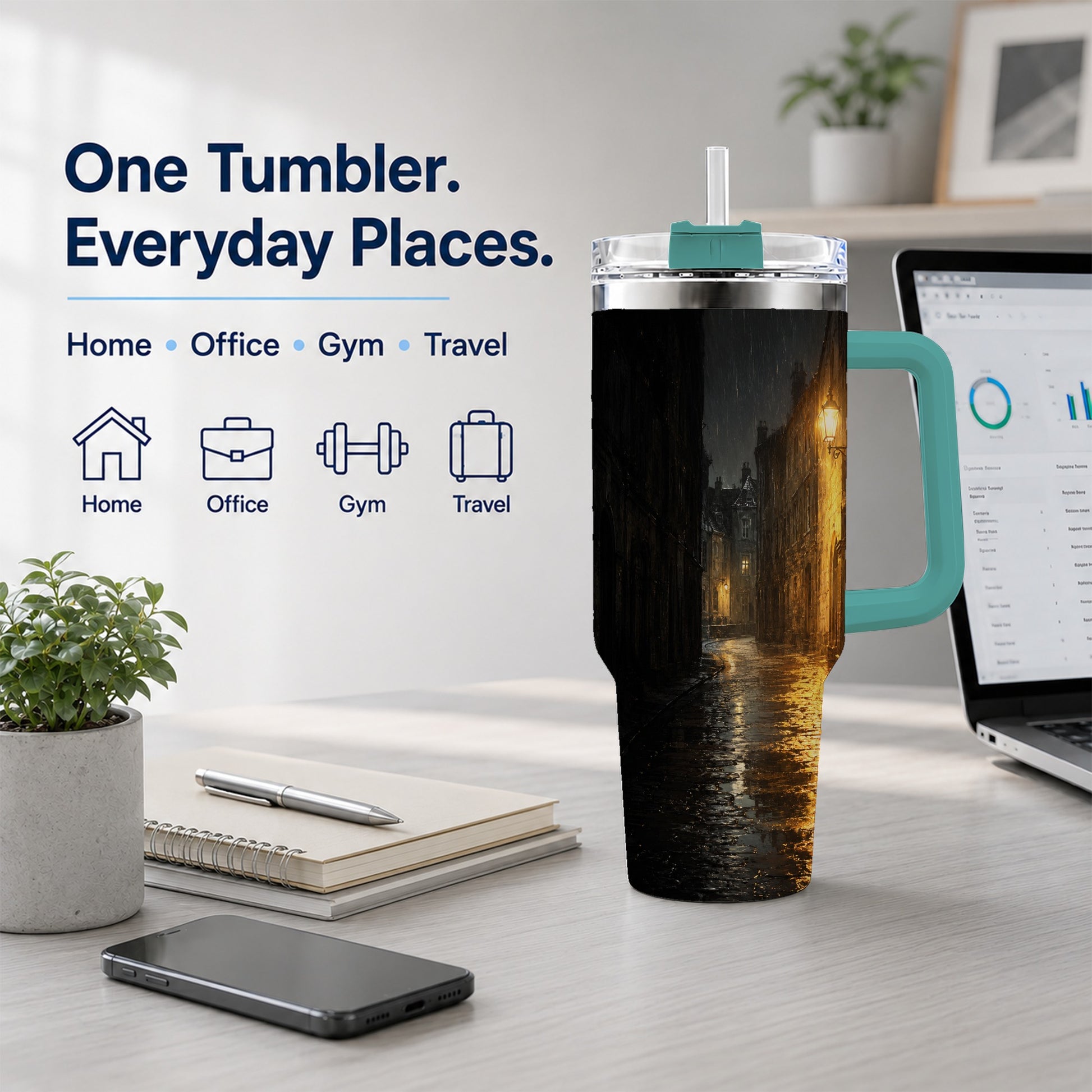 #pl[40oz|Green] Rainy Street 40oz Tumbler with Handle, Vintage Lamp Night Art