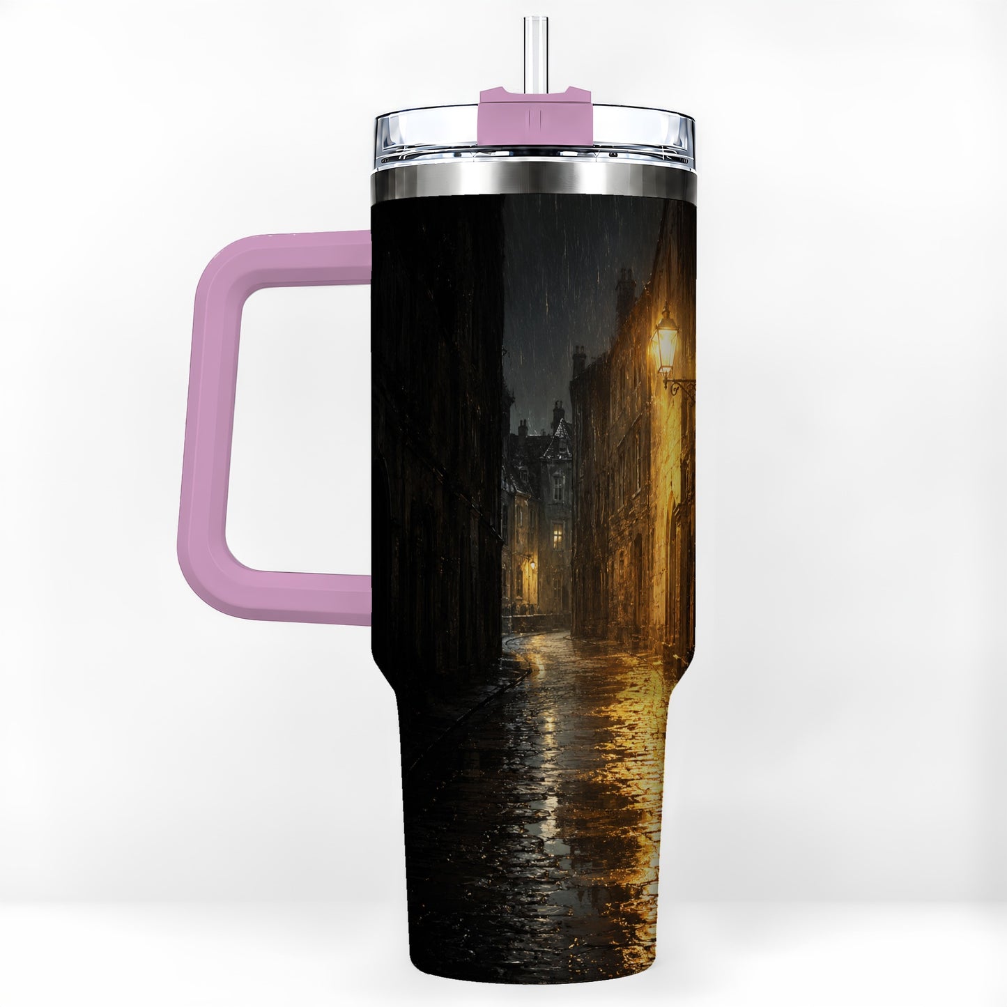 #pl[40oz|Pink] Rainy Street 40oz Tumbler with Handle, Vintage Lamp Night Art
