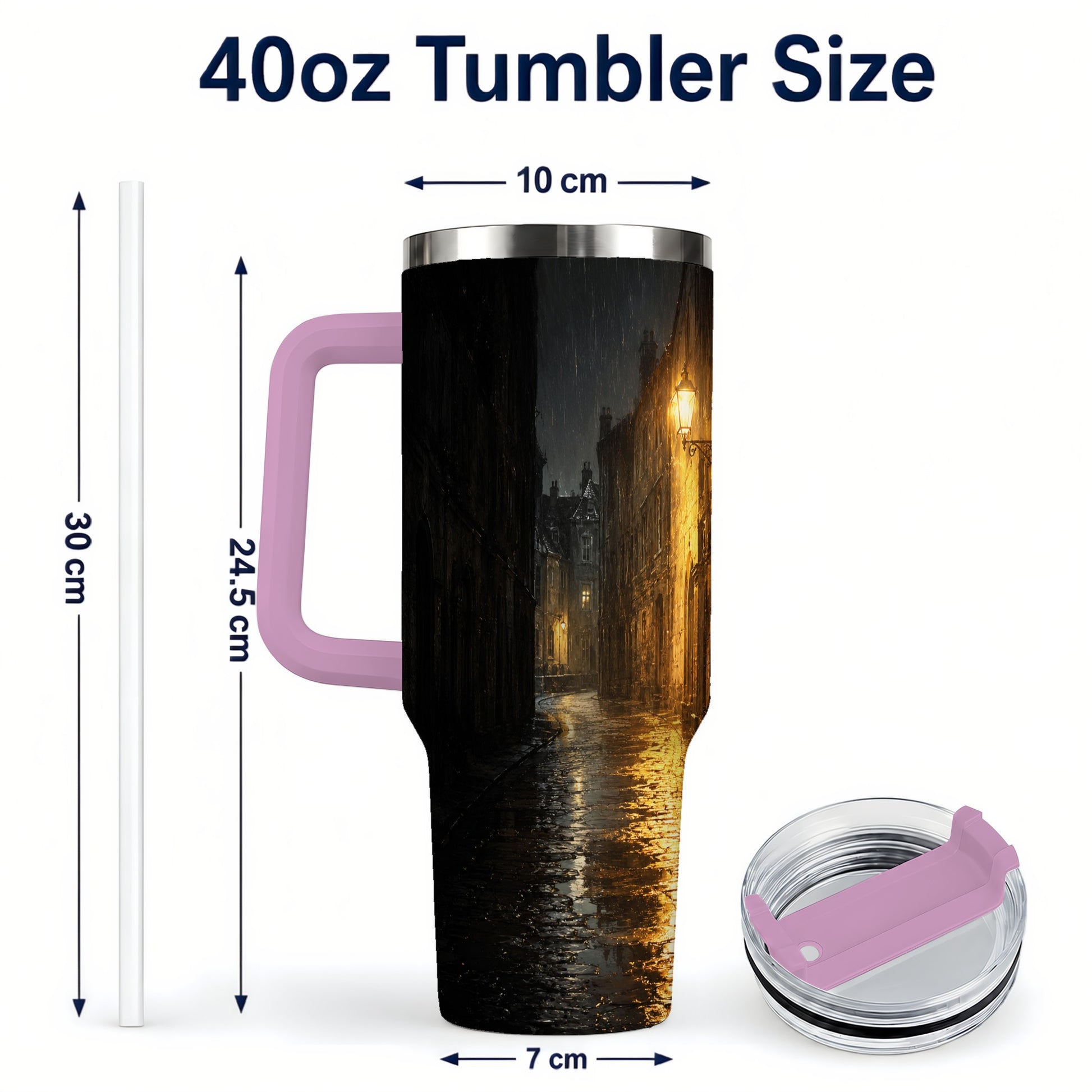 #pl[40oz|Pink] Rainy Street 40oz Tumbler with Handle, Vintage Lamp Night Art