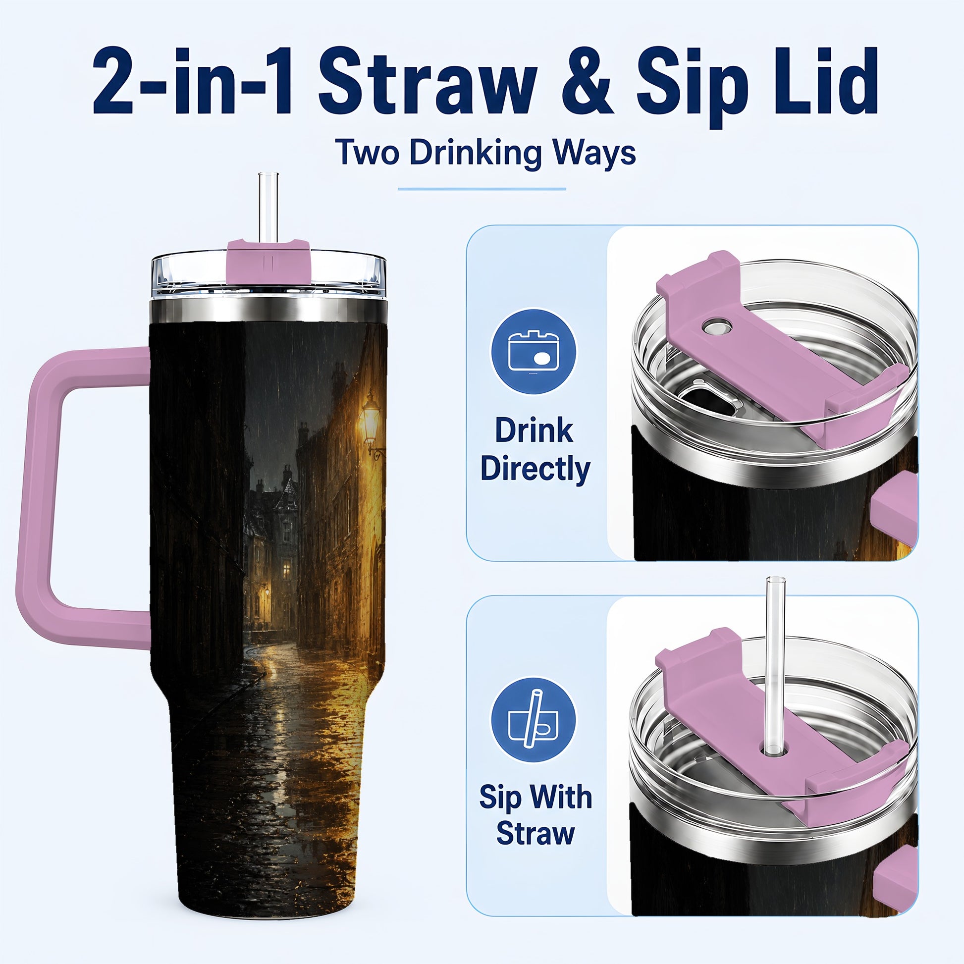 #pl[40oz|Pink] Rainy Street 40oz Tumbler with Handle, Vintage Lamp Night Art