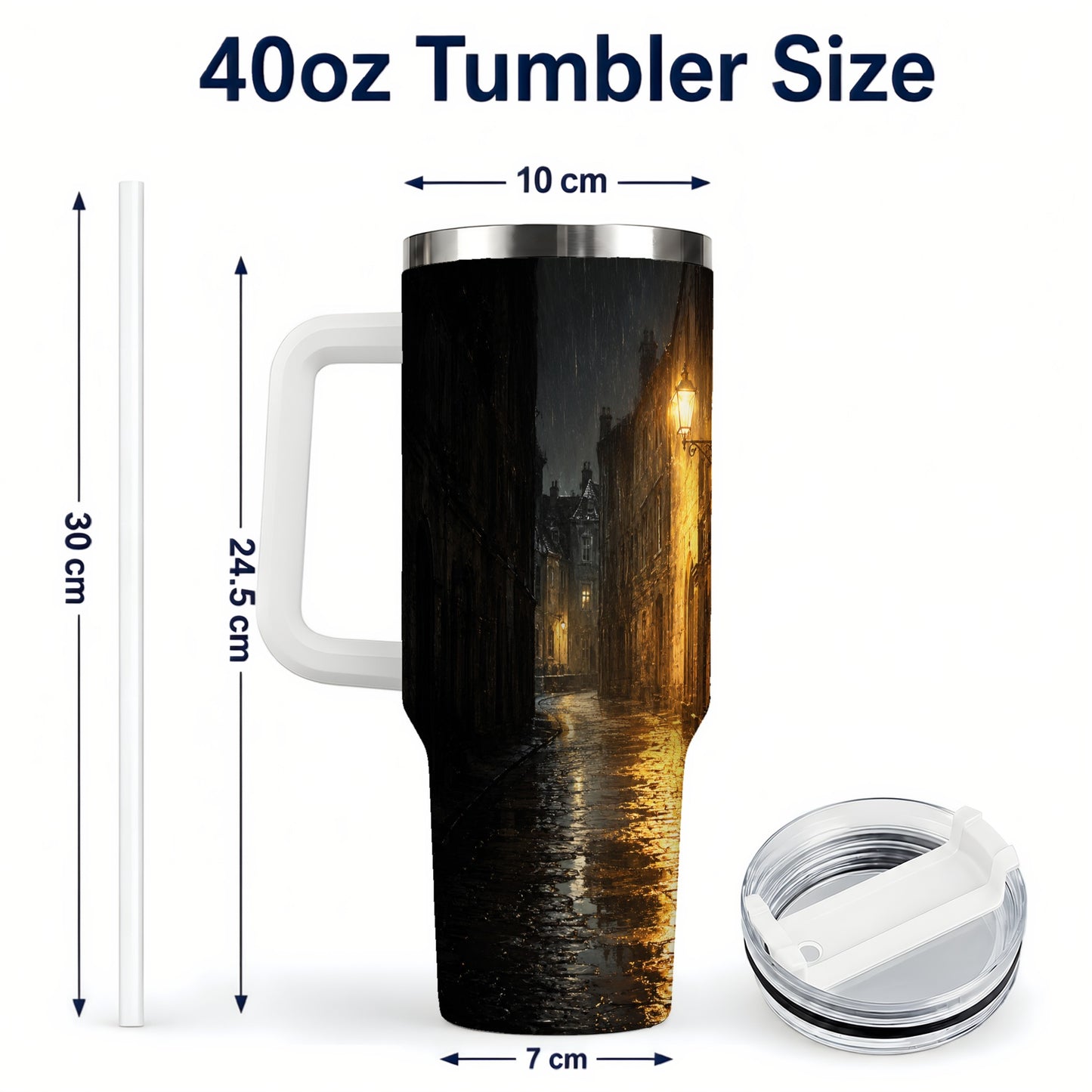 #pl[40oz|White] Rainy Street 40oz Tumbler with Handle, Vintage Lamp Night Art
