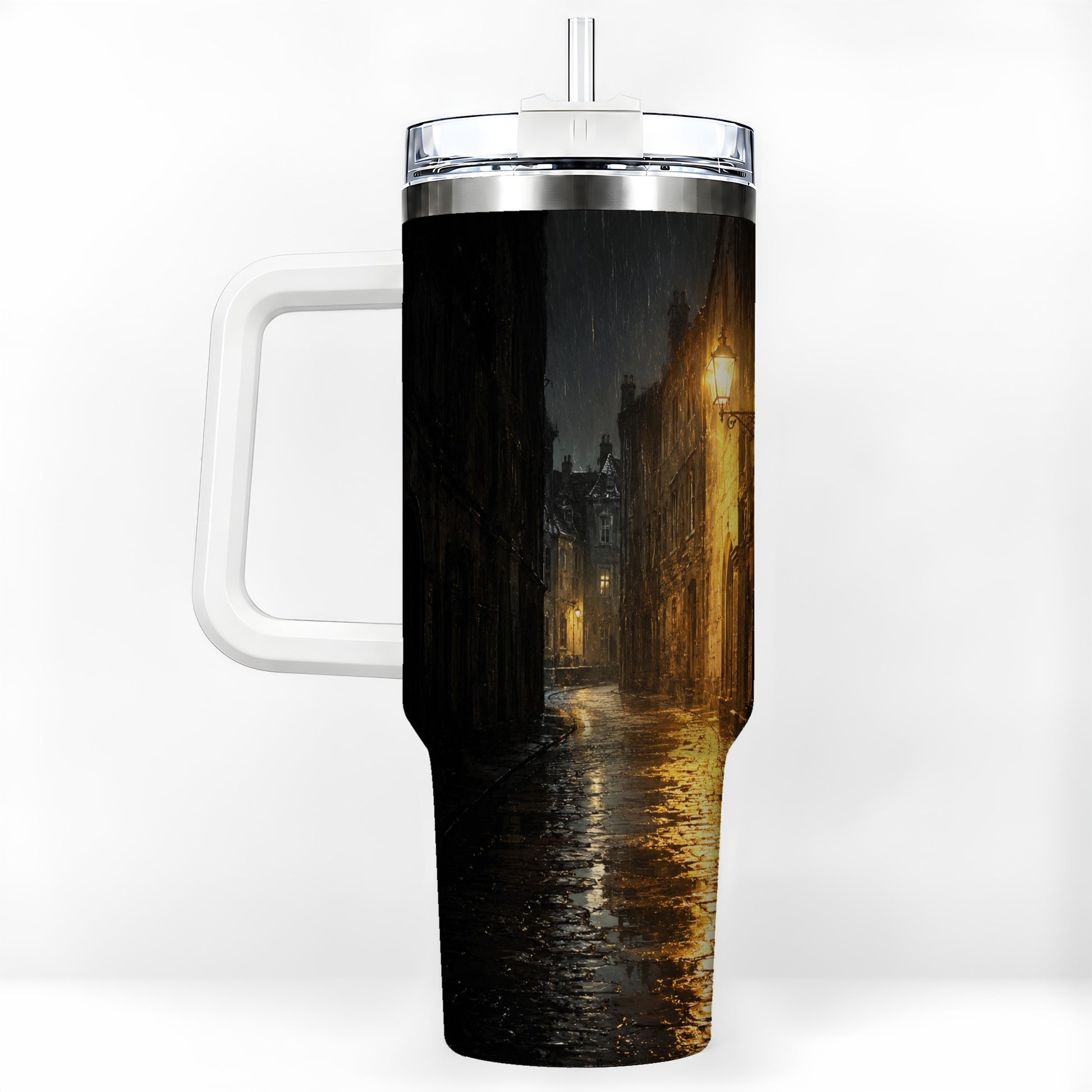 Rainy Street 40oz Tumbler with Handle, Vintage Lamp Night Art