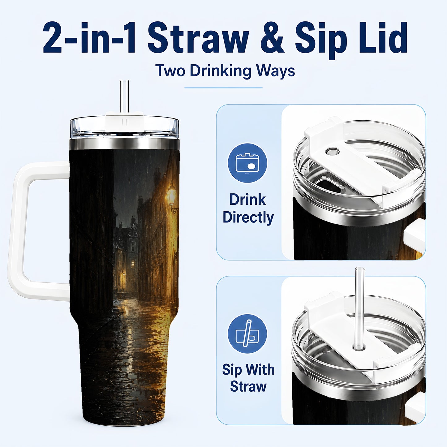 #pl[40oz|White] Rainy Street 40oz Tumbler with Handle, Vintage Lamp Night Art