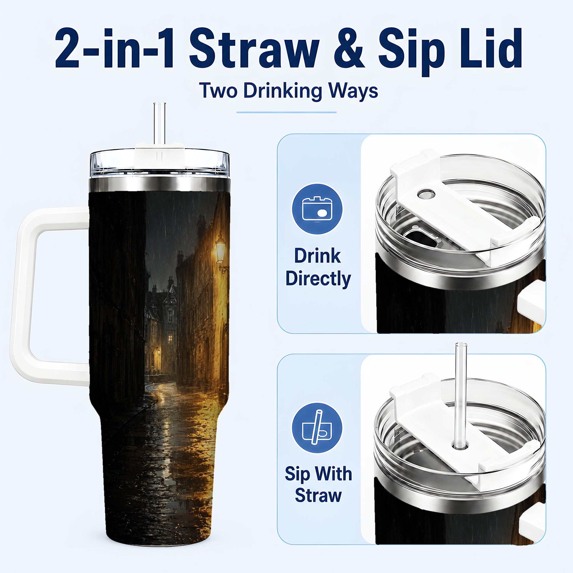 #pl[40oz|White] Rainy Street 40oz Tumbler with Handle, Vintage Lamp Night Art