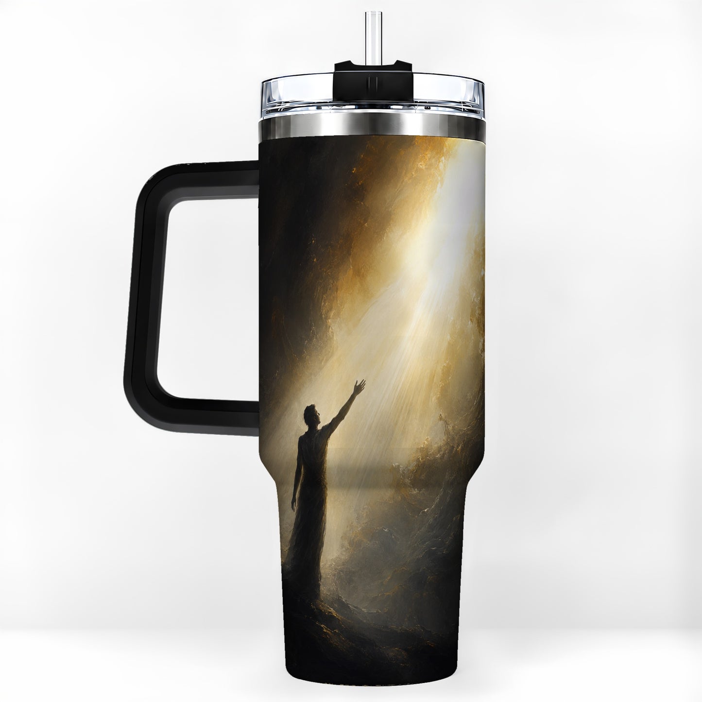 #pl[40oz|Black] Reaching for Light 40oz Tumbler with Handle, Hopeful Cave Art