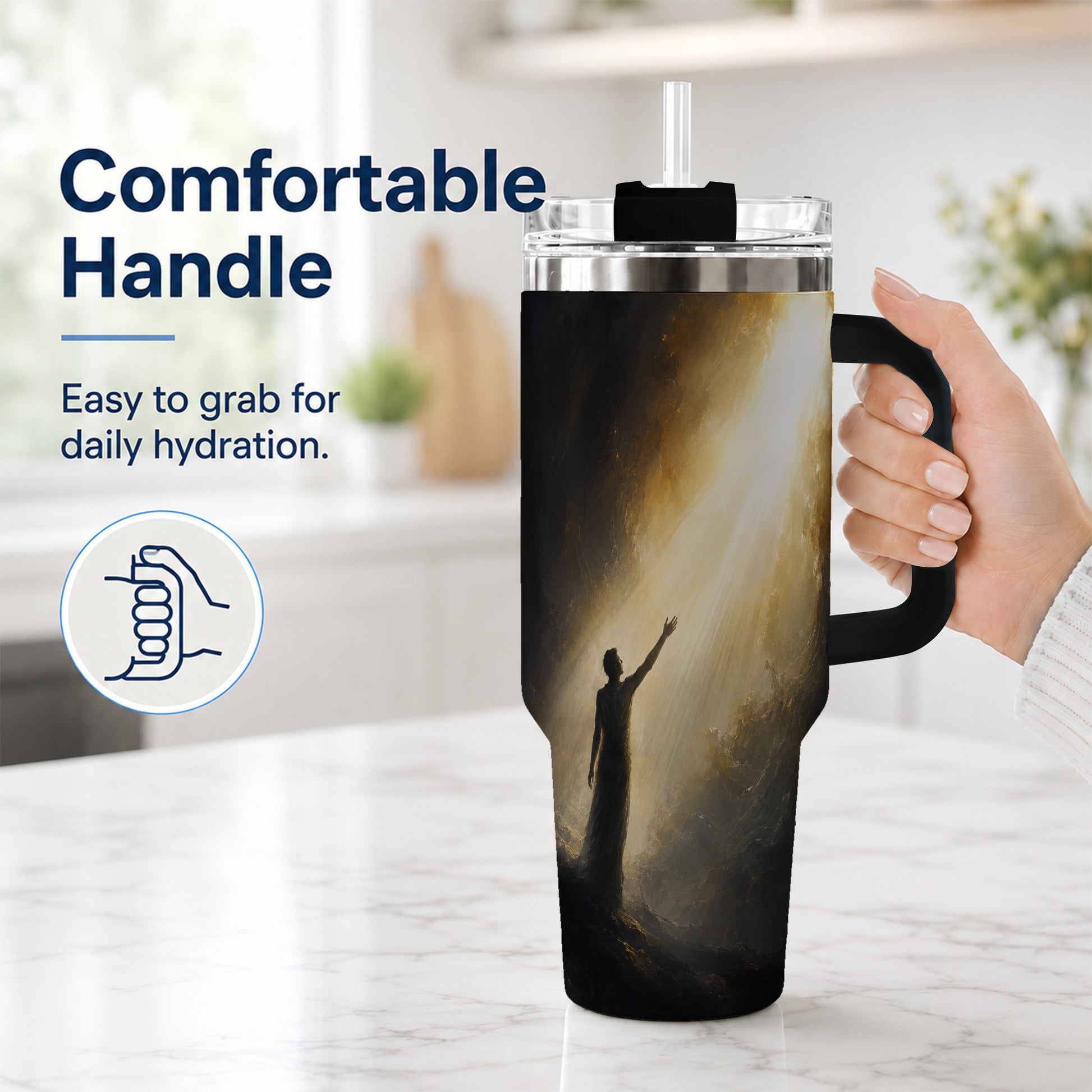 #pl[40oz|Black] Reaching for Light 40oz Tumbler with Handle, Hopeful Cave Art