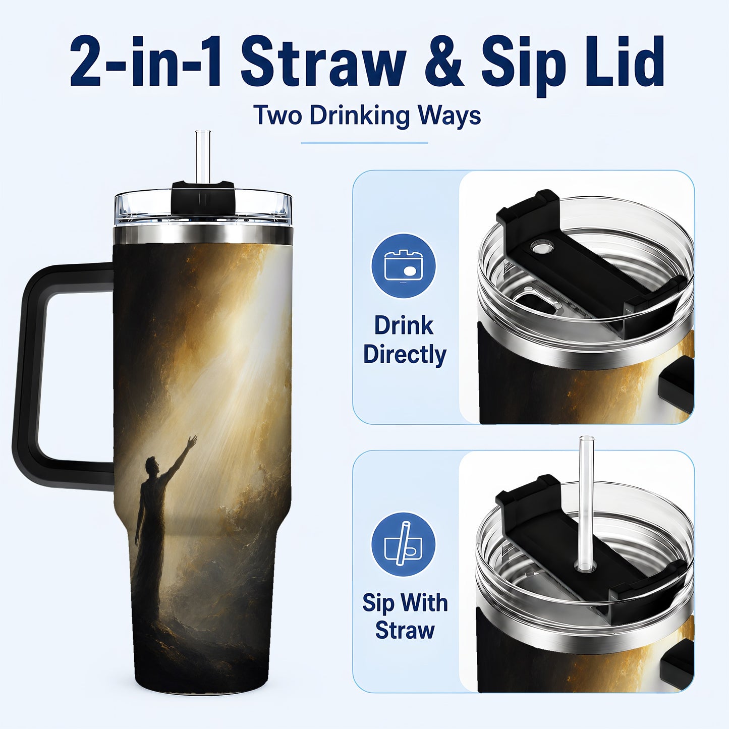 #pl[40oz|Black] Reaching for Light 40oz Tumbler with Handle, Hopeful Cave Art