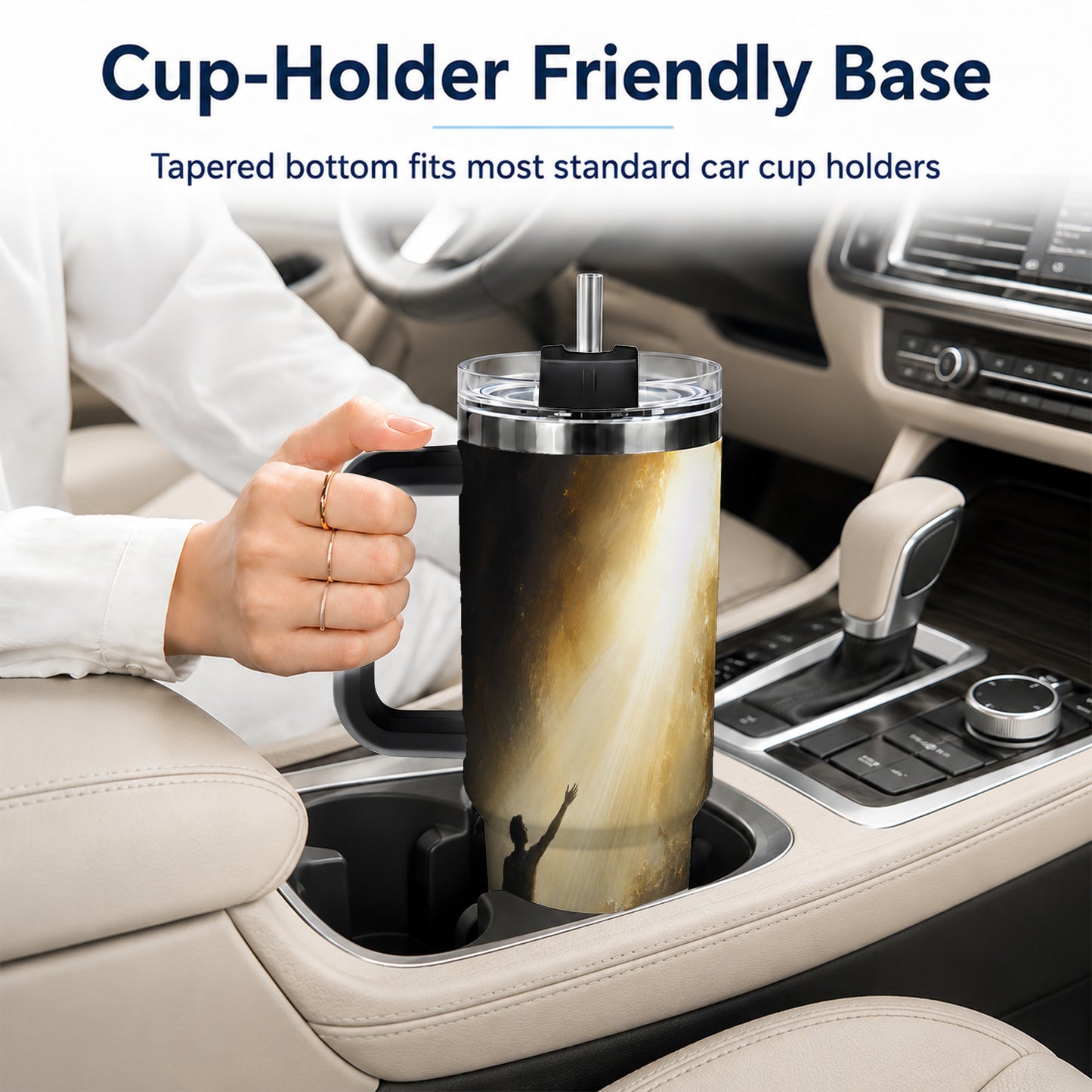 #pl[40oz|Black] Reaching for Light 40oz Tumbler with Handle, Hopeful Cave Art