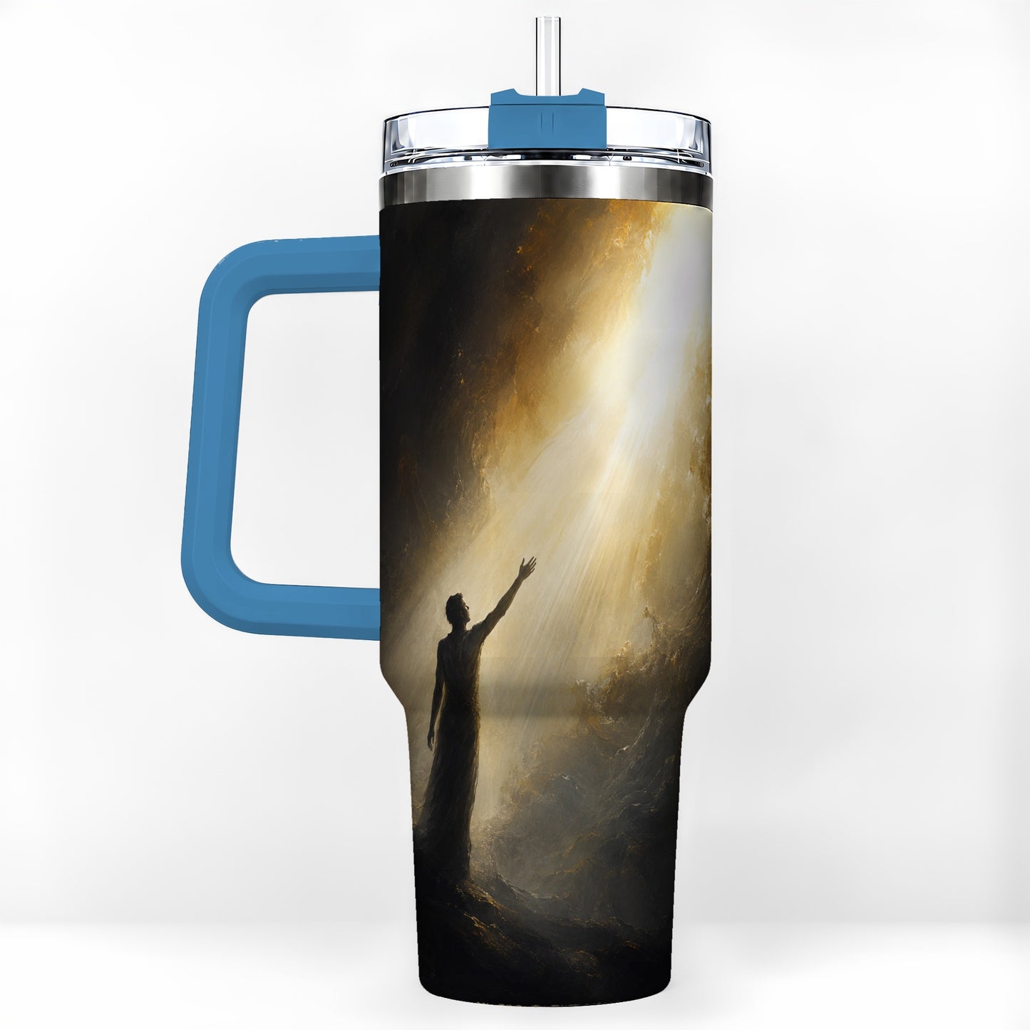 #pl[40oz|Blue] Reaching for Light 40oz Tumbler with Handle, Hopeful Cave Art