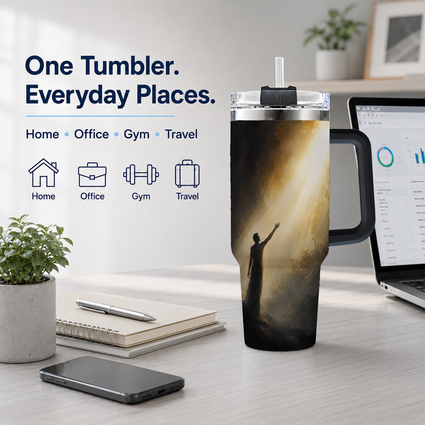 #pl[40oz|Black] Reaching for Light 40oz Tumbler with Handle, Hopeful Cave Art