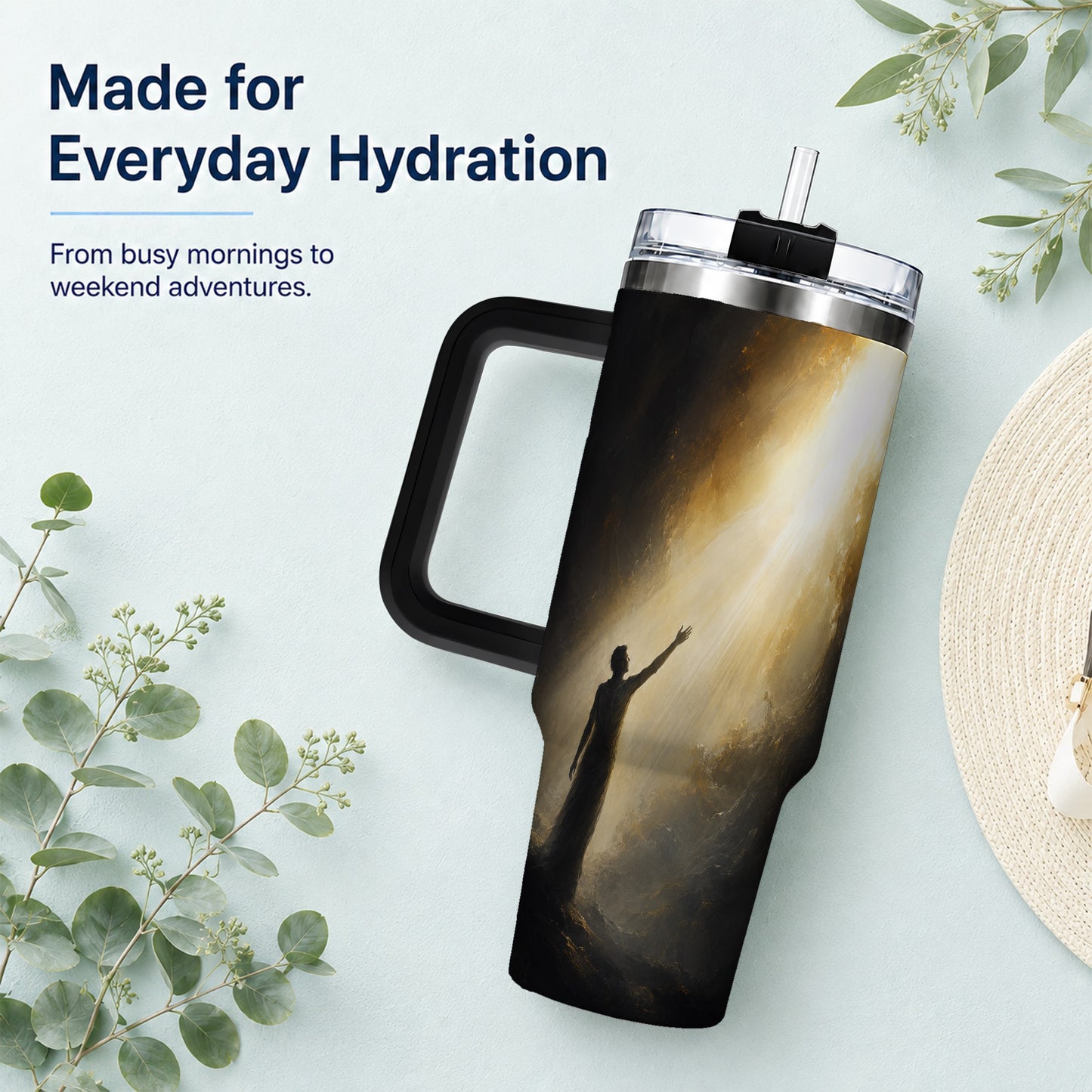 #pl[40oz|Black] Reaching for Light 40oz Tumbler with Handle, Hopeful Cave Art